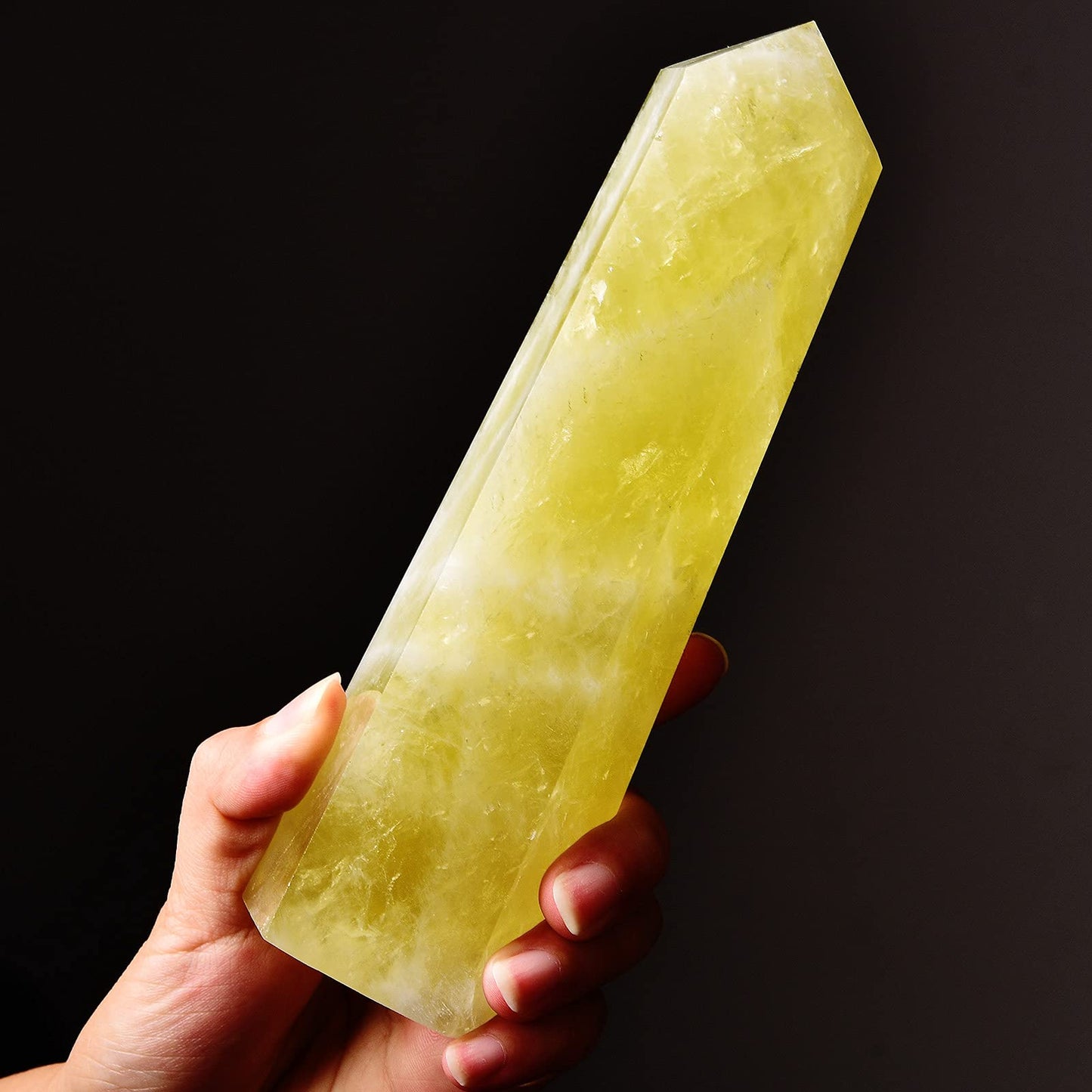 AMOYSTONE Large Crystal Obelisk Tower Lemon Quartz Point Wand 6 Faceted Reiki Meditation Therapy 1.1-1.7 LBS