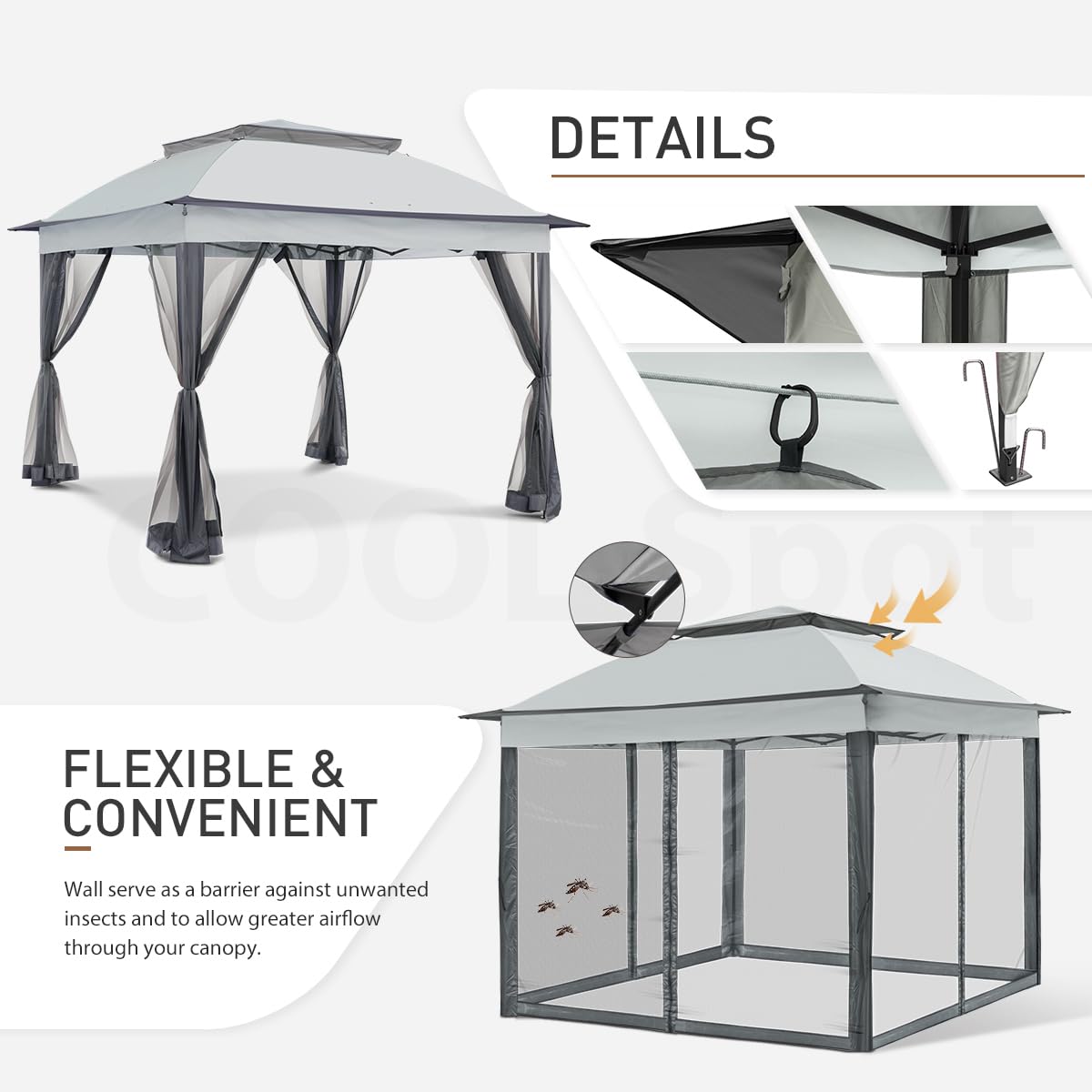 COOS BAY 11x11 Pop Up Gazebo with Mesh Netting, Instant Outdoor Canopy Tent, Water Resistant Shelter with UPF 50+ UV Protection, 121 Sq Ft Coverage, Gray