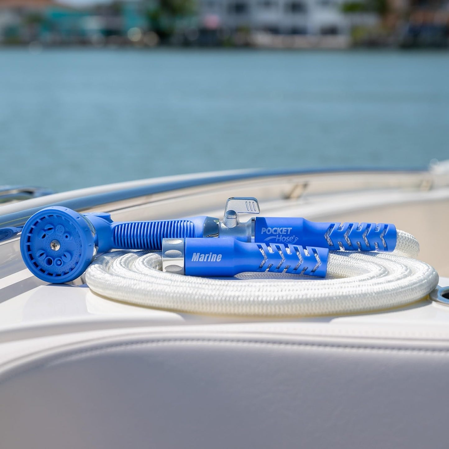 Pocket Hose 50 ft Expandable Garden Hose for Marine & RV Use – Drinking Water Safe & Lead-Free, 3/4” Lightweight No-Kink Hose with On/Off Valve, 10-Pattern Sprayer & Storage Bag