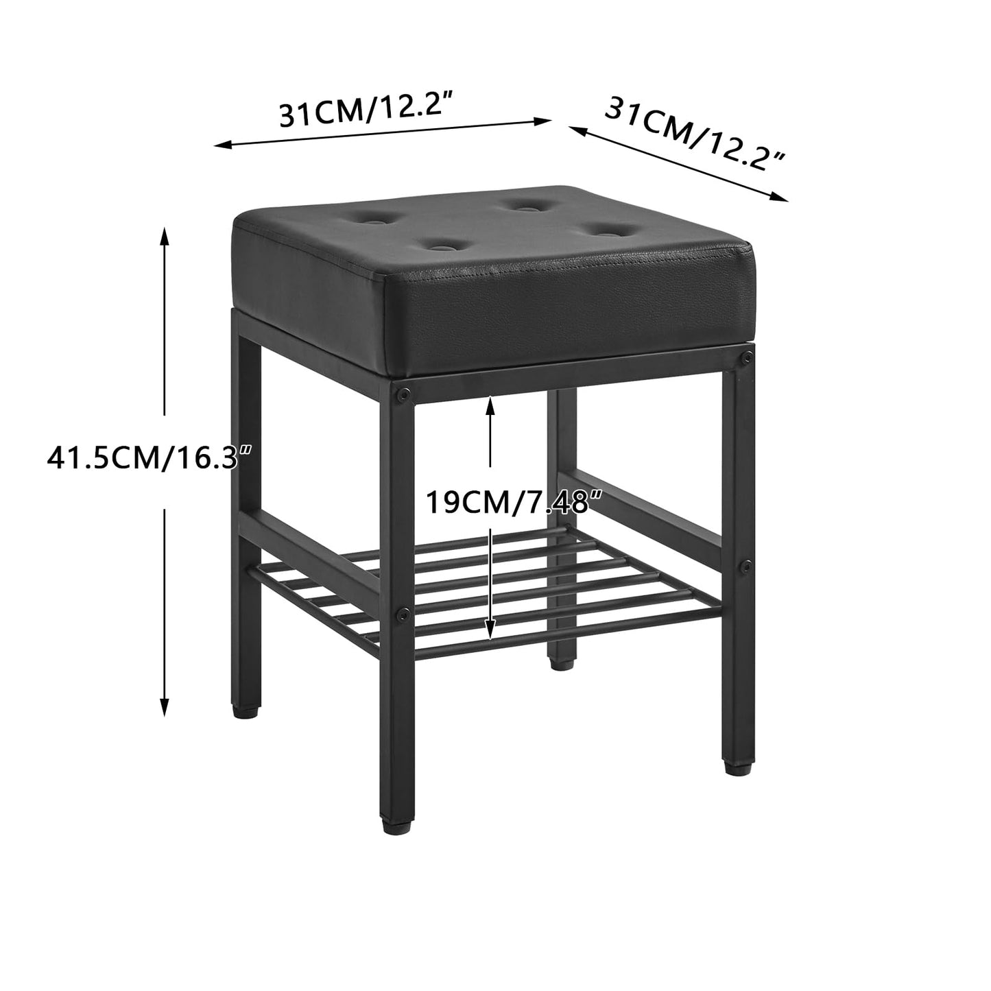 IBUYKE Square Makeup Stool with Adjustable Feet and Storage Space, Footrest Chair, PU Vanity Seat, Multi-Use as Small Side Table or Ottoman, for Bedroom, Black LG-60B