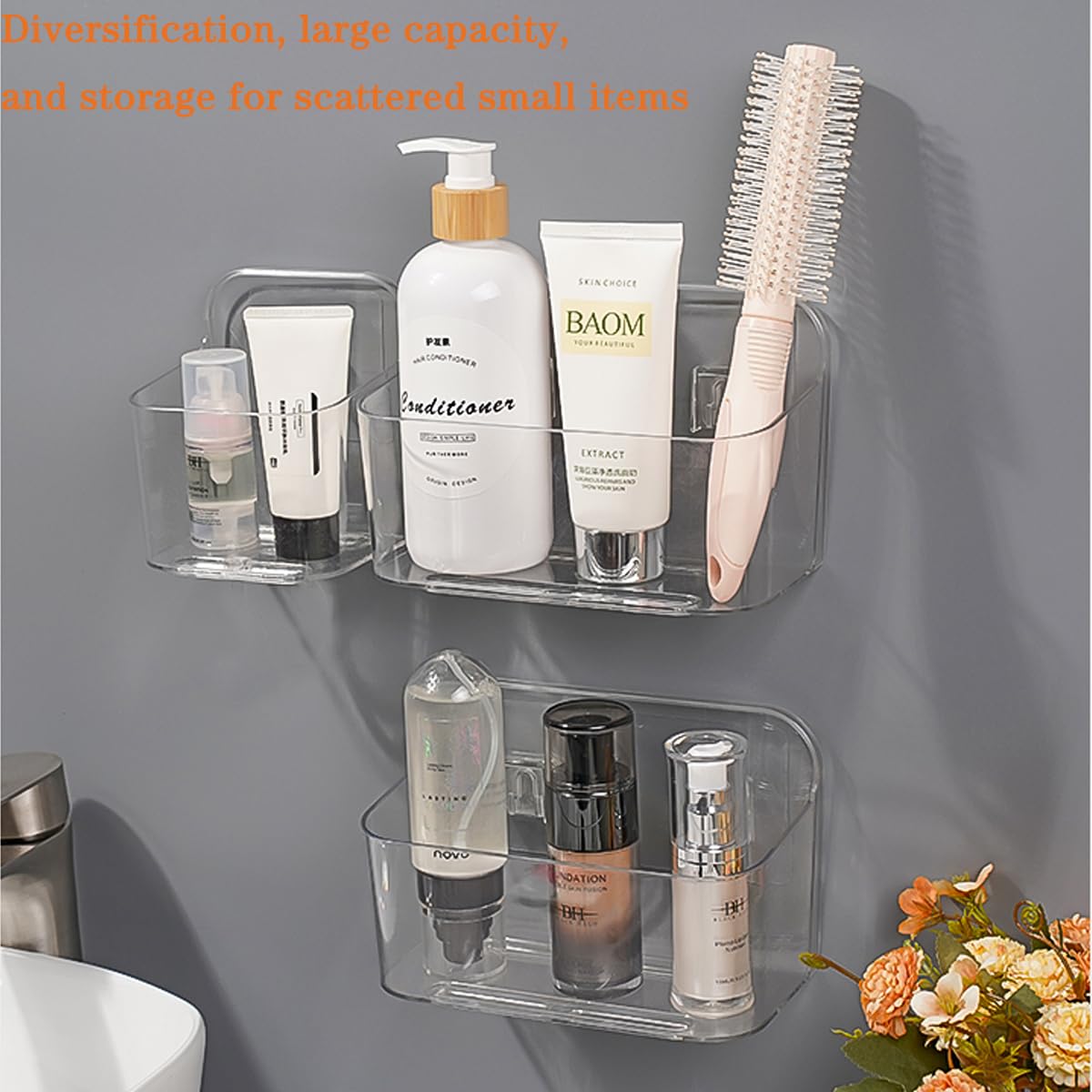 Adhesive Wall Mount Organizer Box,Acrylic Shelves for Wall,No Drilling Hang Walls,with Self Adhesive Tape,Automatic Draining for Bathroom, Kitchen, Living Room - Clear (Small)