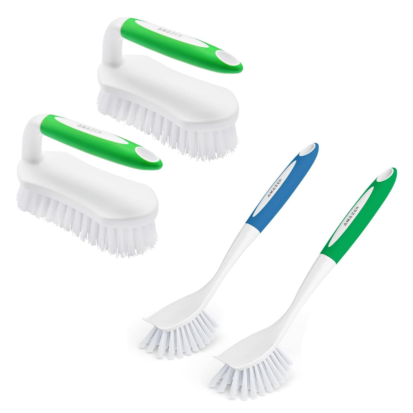 Amazer Dish Brush with Handle, 2 Pack Kitchen Scrub Brushes for Cleaning, Grip Shower Scrubber Flexible Stiff Bristles with Handle