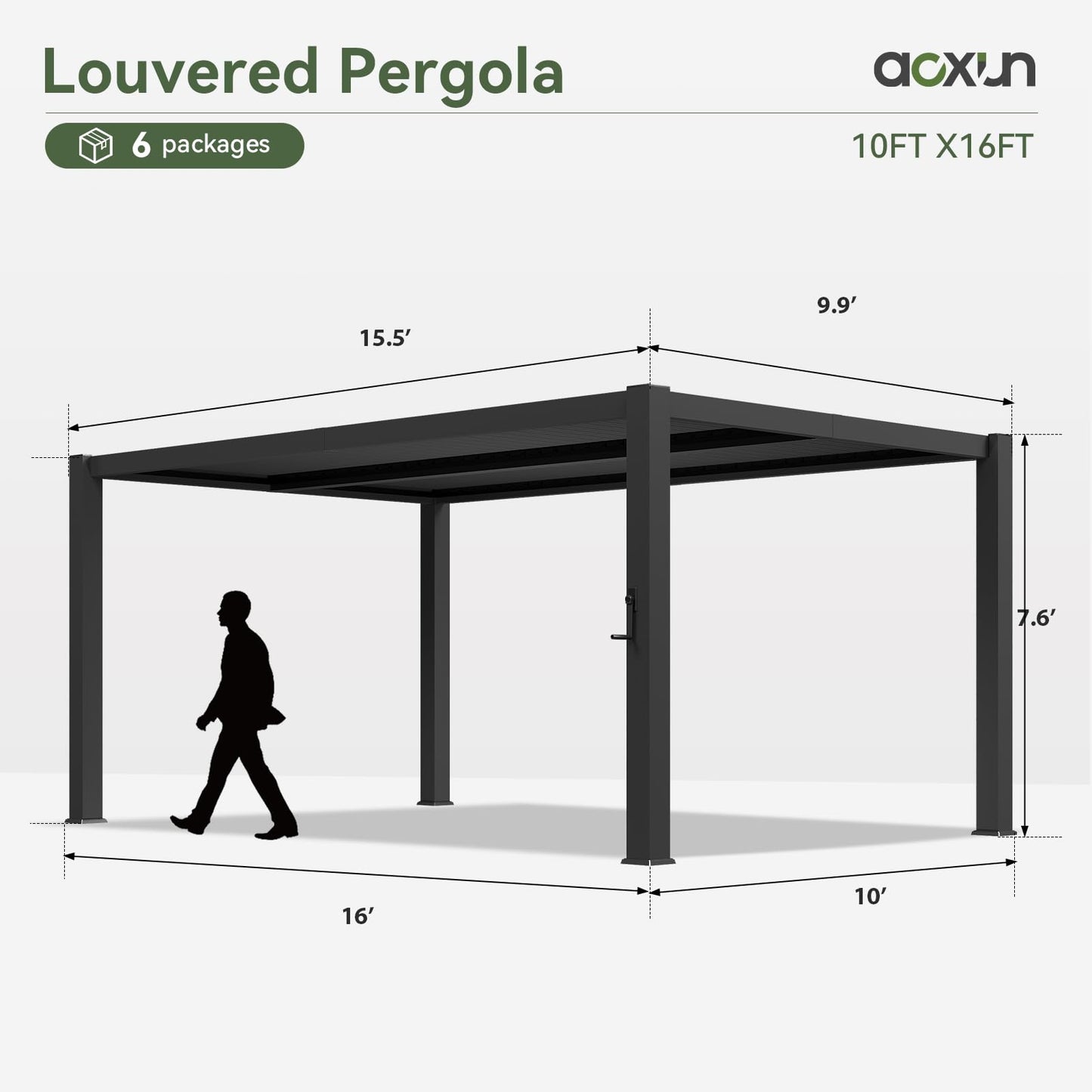 Aoxun Louvered Pergola 10' x 16' 96S Outdoor Metal Pergola with Adjustable Top for Decks, Gardens and Backyards, Easy Assembly via Structural Patent, Gray