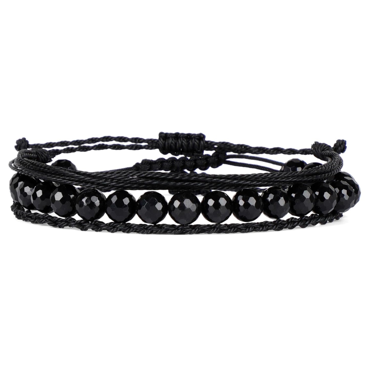 QOGIR Handmade Healing Bracelets,8mm Natural Faceted Black Onyx Gem Stone Beads Bracelet for Men Women Gifts with 2PCS Size Adjustable Rope Bracelets