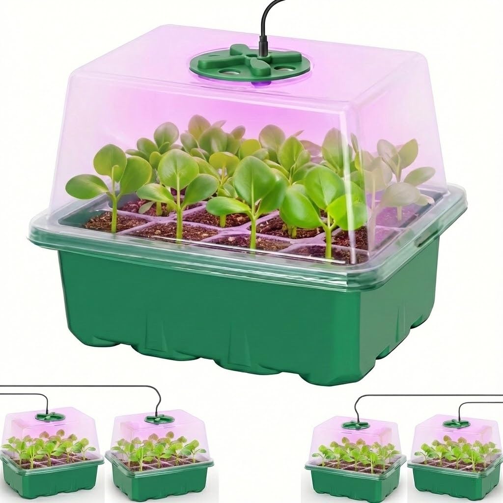 NACNO Seed Starter Kit with Grow Light, Elevated Seedling Tray Kit with Adjustable Humidity Dome and Clear Cell Tray, 12 Full Spectrum Led Beads for Seed Starting Greenhouse, 6 Pack, Green