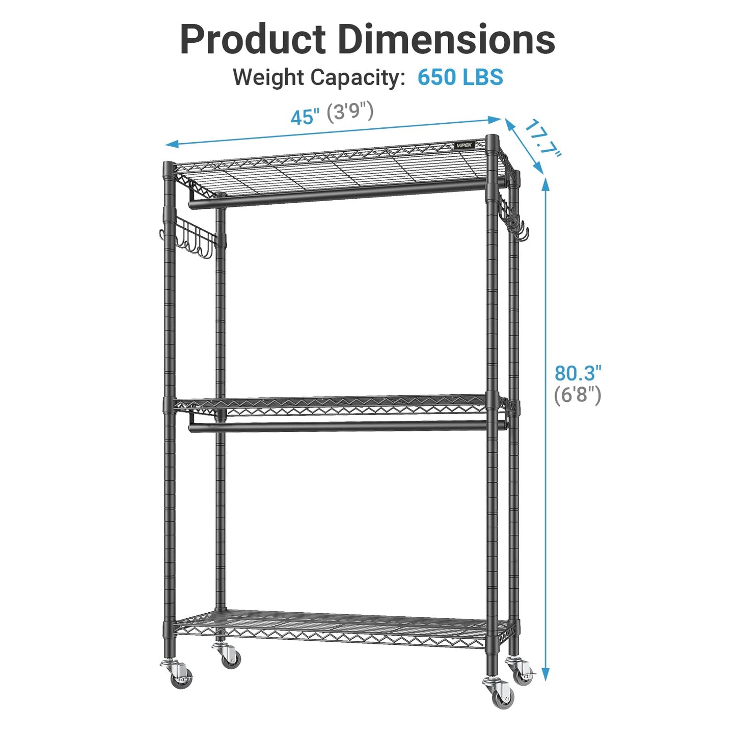 VIPEK R2C Plus Heavy Duty Rolling Garment Rack with Cover Clothing Racks for Hanging Clothes Portable Closets with Adjustable 3 Wire Shelves, Double Rods, Black Rack with Grey Upgraded Polyester Cover