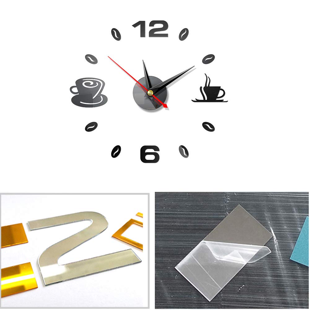 MOFUCA 3D DIY Wall Clock, Kitchen Coffee Decor Wall Clocks Frameless Large DIY Wall Clock Wall Sticker Home Decor for Living Room Bedroom Decoration (Black)