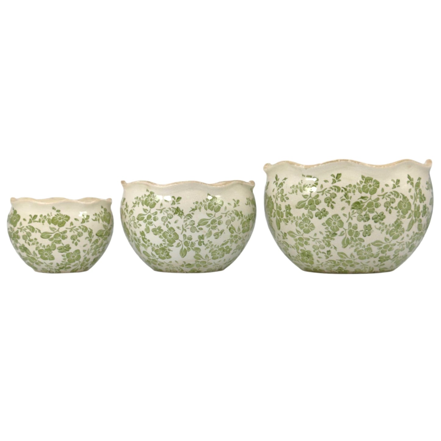 Galt International Ceramic Plant Pots Set of 3 Rustic Vintage Farmhouse Cream Crackle Glaze (11"/ 9.6"/ 7") Garden Indoor Outdoor Flower Planter w/Drainage Hole (Vintage Green)