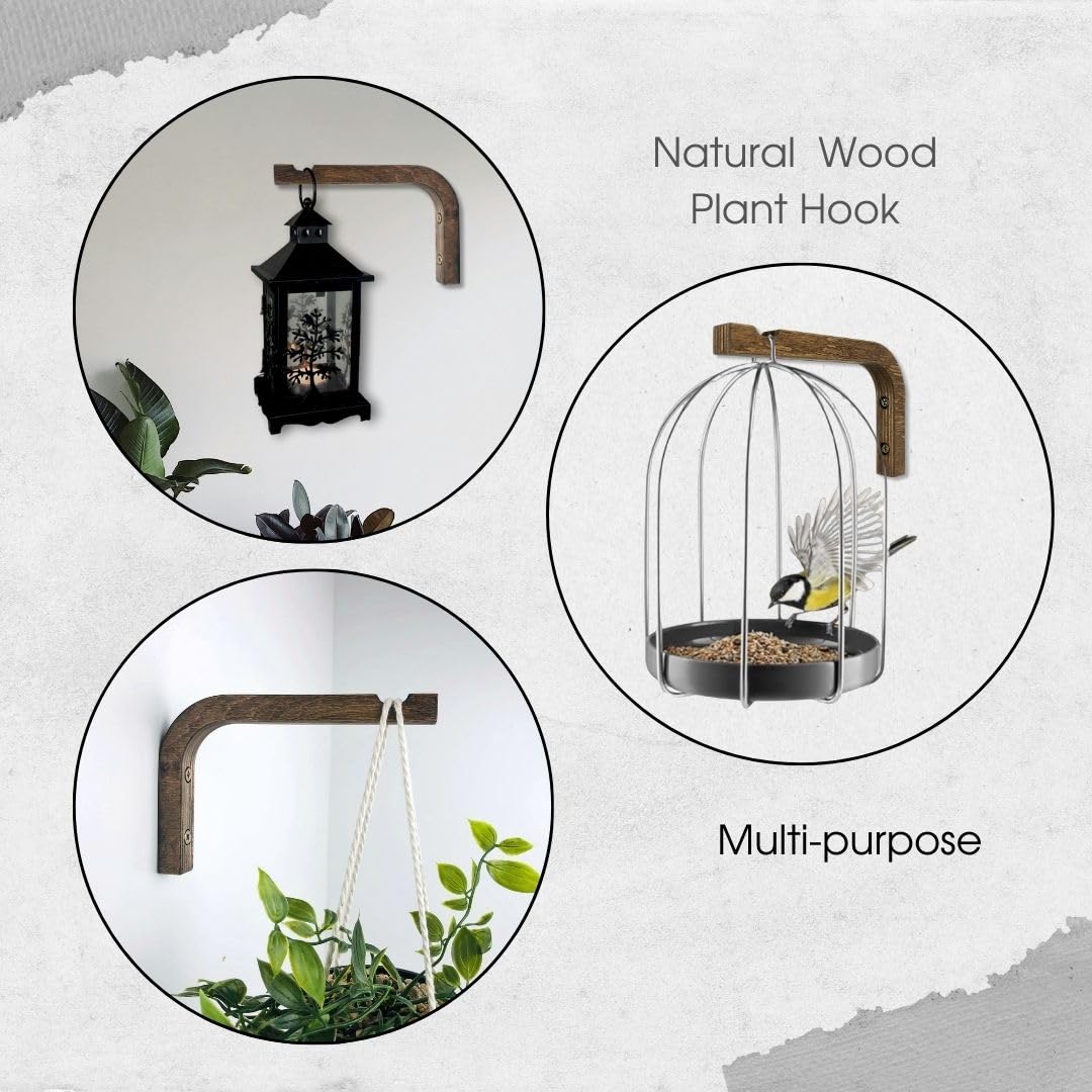 EvenWood 2-Piece Set of Plant Hooks for Wall 6 Inch - Mounted Wooden Plant Hook - Indoor and Outdoor Bracket Plant Hanger for Planters, Lanterns, Bird Feeders, Patio Decorations (Walnut)