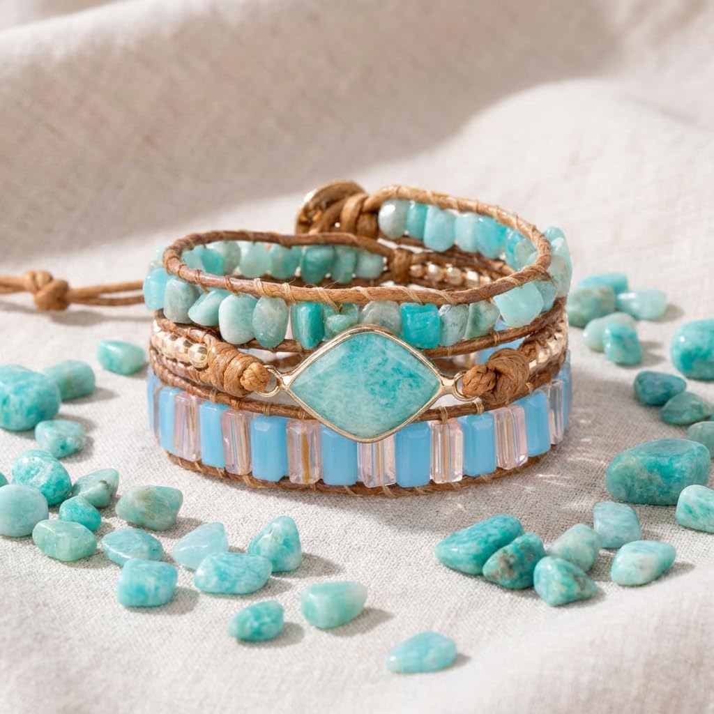 YGLINE Handmade Crystal Gemstone Leather Wrap Bracelet (amazonite)