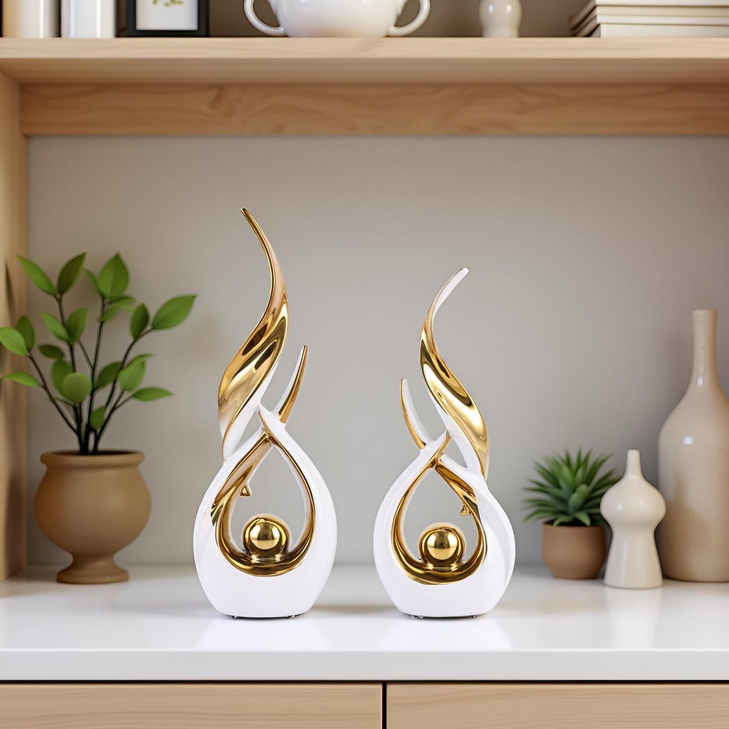 Gold Ceramic Abstract 2 Piece Statue Set,Mid Century Modern Abstract Art Home Decor Statue Mantelpiece on Unique Shelf Decor, TV Cabinet Divider Table top and Dining Table Centerpiece (White Gold)