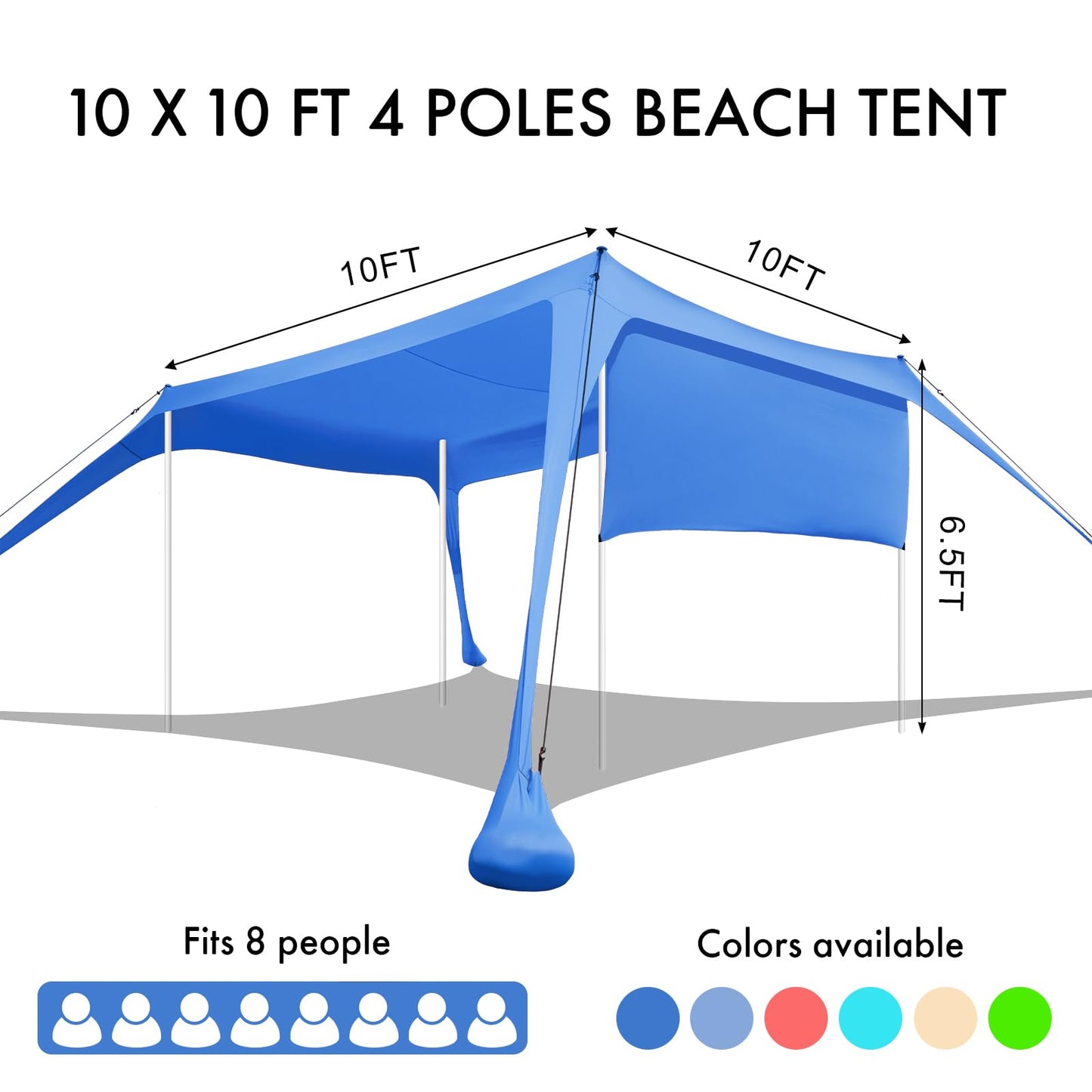 Beach Canopy Tent Shade with Sidewalls 10x10FT, 6.6FT Tall, UPF50+ Sun Shelter, Windproof & Water Resistant, Includes Guylines Sand Shovel Stability Poles, Easy Up for Beach Outdoor Camping Backyard