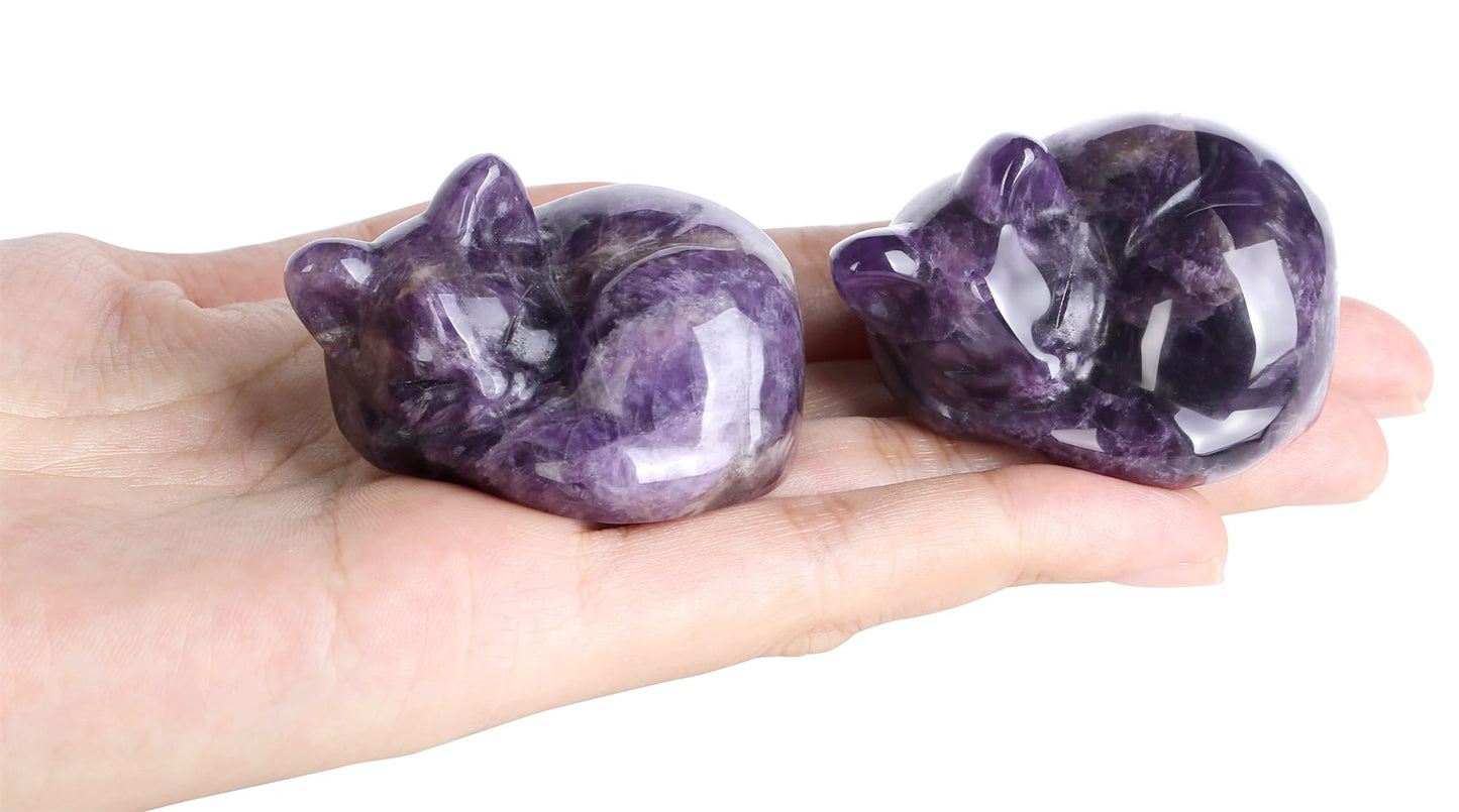 YATOJUZI 2" Cat Decor Purple Gifts for Women Amethyst Sleeping Cats Decors Statue Hand Carved Cute Animal Crystal Figurines Stocking Stuffers Cat Themed Gifts for Women Purple Room Office Desk Decor