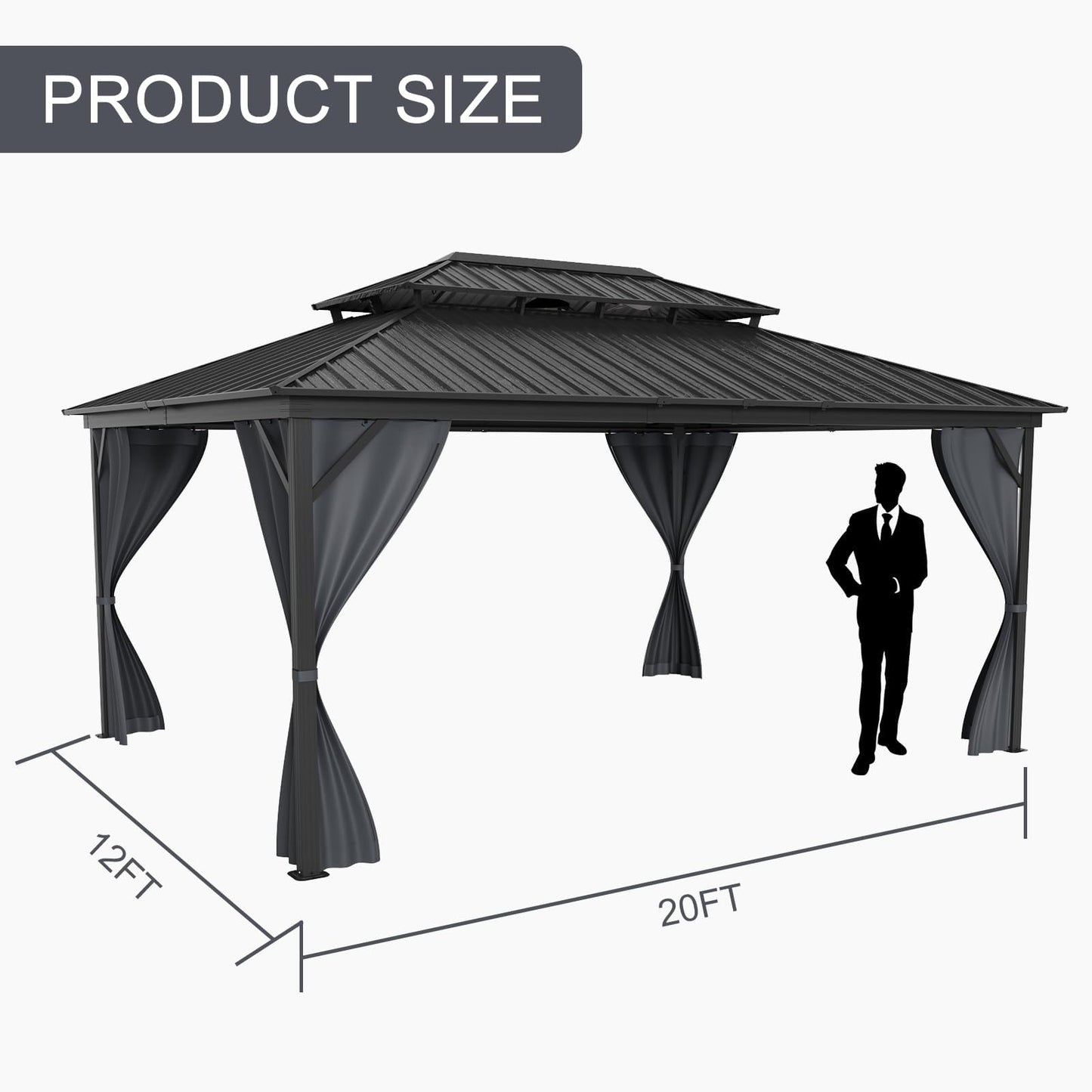 12Ft x 16Ft Hardtop Gazebo, Aluminum Metal Outdoor Gazebo with Breathable Netting and Curtains, Double Metal Roof, Galvanized Steel Heavy Duty Gazebos for Backyard, Wedding, Party