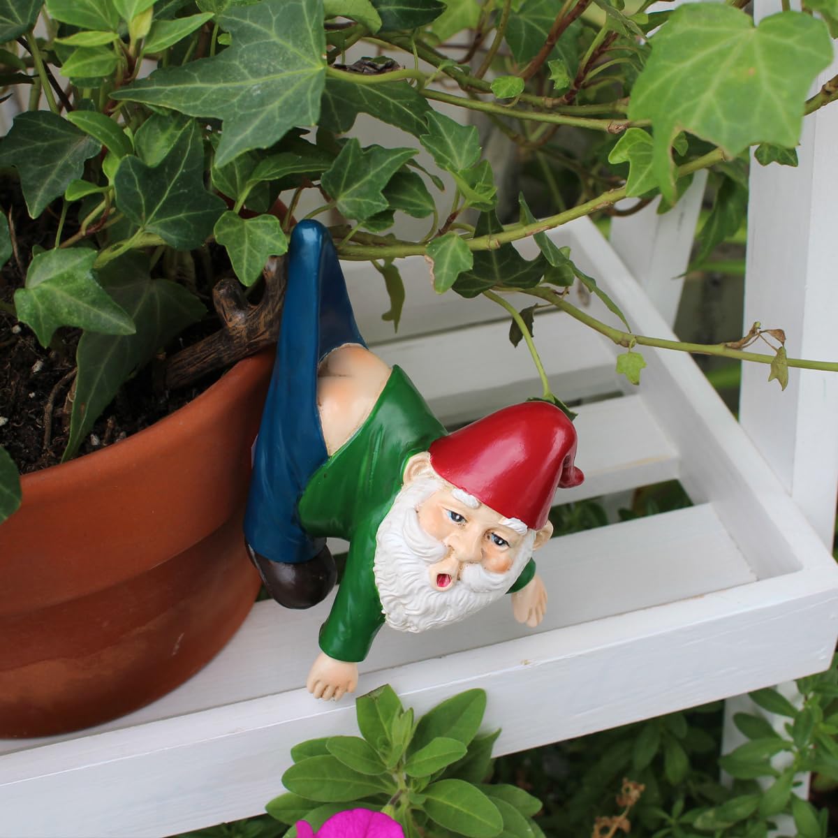JARPSIRY Funny Garden Gnome Statue Flower Pot Hugger, Pants Hanging on Branch Gnome Figurine Resin Sculpture Outdoor Decor Patio Lawn Yard Fence Plant Pot Ornaments