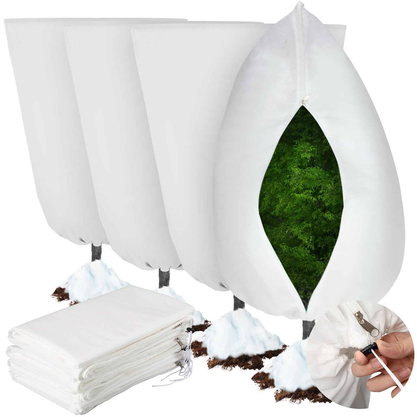 Vincreem 4 Pcs Plant Covers Freeze Protection 35.4" x 59" Winter Frost Blankets for Outdoor Plants with Zipper Drawstring Frost Cloth Freeze Covers Warm Shrub Jacket for Fruit Tree Potted(White)
