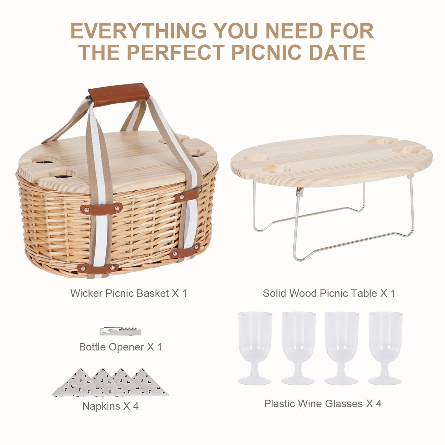 Zettfuly Picnic Basket Set for 4 - Wicker Insulated Picnic Basket with Folding Wine Table, Wine Picnic Kit with Liner for Couples, Camping, Outdoor, Valentine (Cherry)