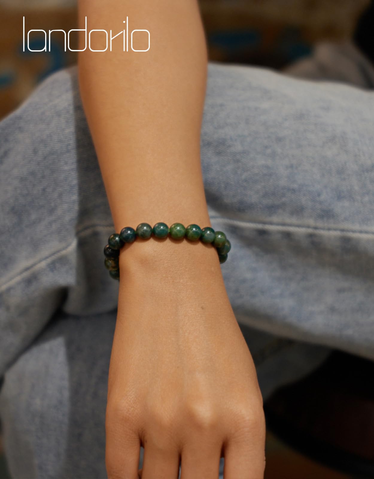 Landorilo Beaded Bracelet for Men Women, 8mm Natural Stone Moss Agate Healing Crystal Stretch Bracelets, Ideal Christmas Birthday Jewelry Gifts with Energy Card，Replacement Beads Included