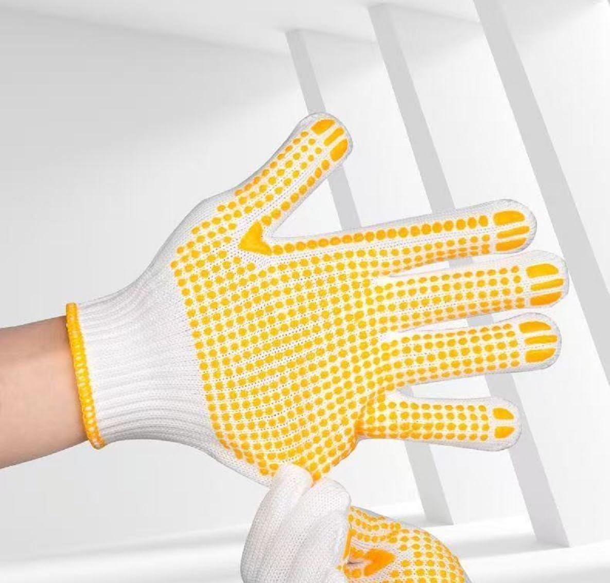 Safety Work Gloves with Anti-slip Dots 12 Pairs White Polyester Knitted Gloves for Garage Warehouse Painter Mechanic Industrial Gardening Construction (Yellow)