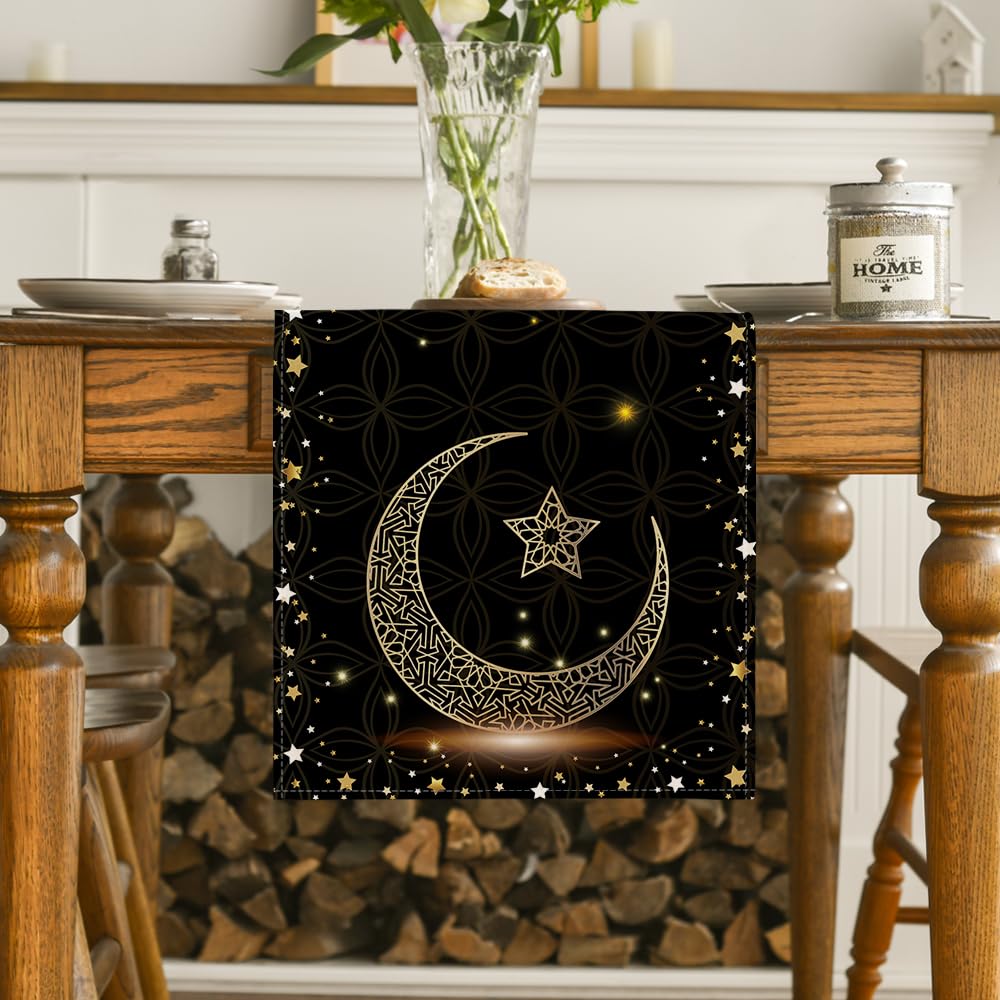 Artoid Mode Black Star Ramadan Moon Table Runner, Seasonal Kitchen Dining Table Decoration for Home Party Decor 13x72 Inch