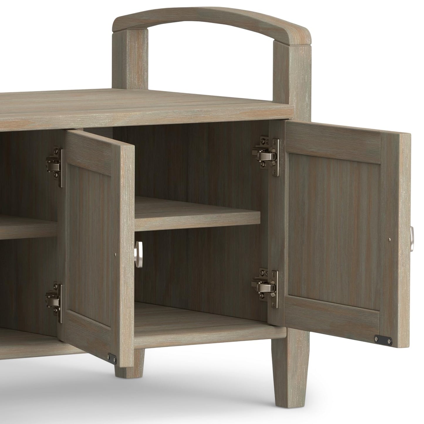 SIMPLIHOME Warm Shaker Entryway Storage Bench - 44 inch Wide Solid Wood Storage Seat in Distressed Grey, Transitional Bench Seat for Mudroom or Living Room with Lift-Up Lid and Shaker-Style Panels