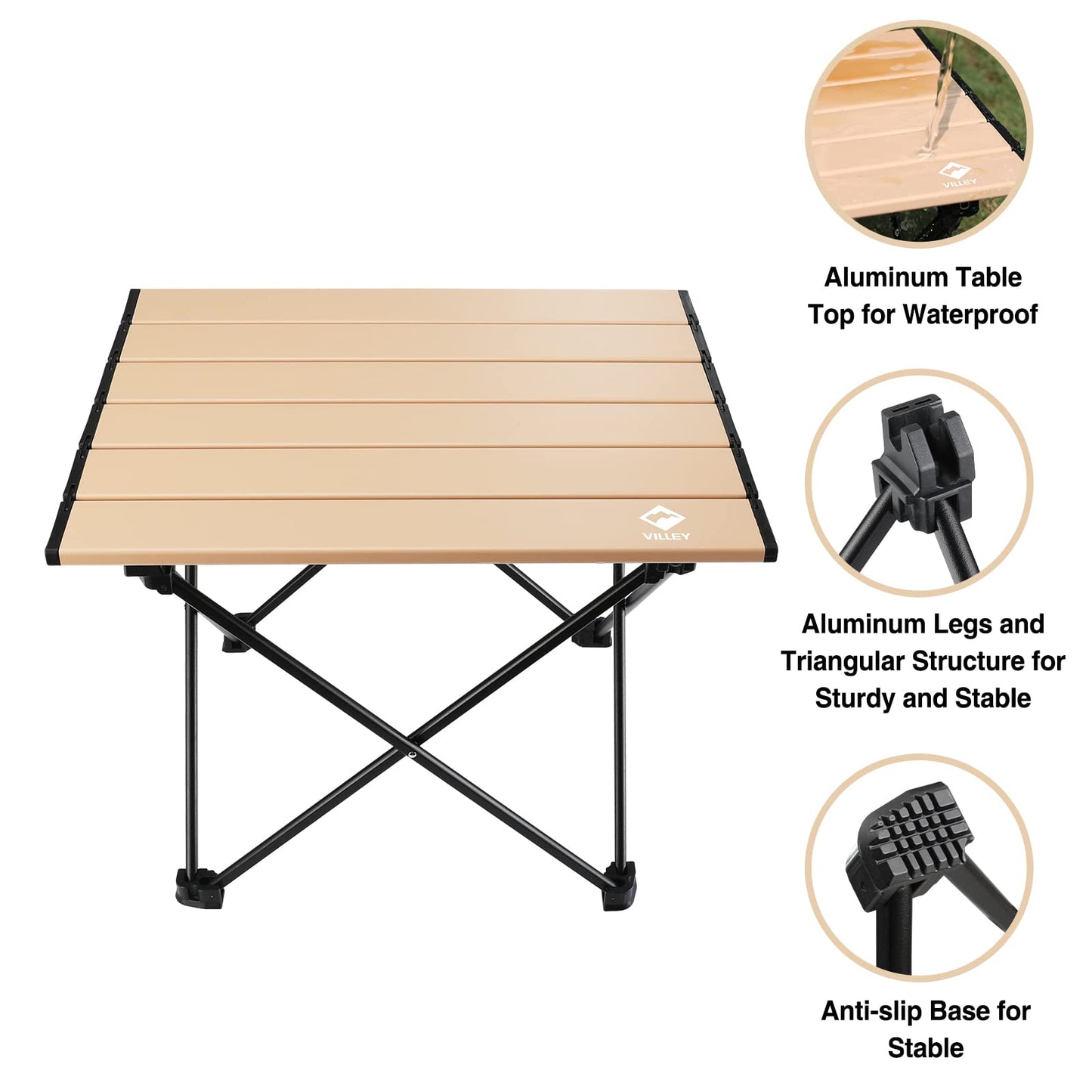 VILLEY Portable Camping Side Table, Ultralight Aluminum Folding Beach Table with Carry Bag for Outdoor Cooking, Picnic, Camp, Boat, Travel