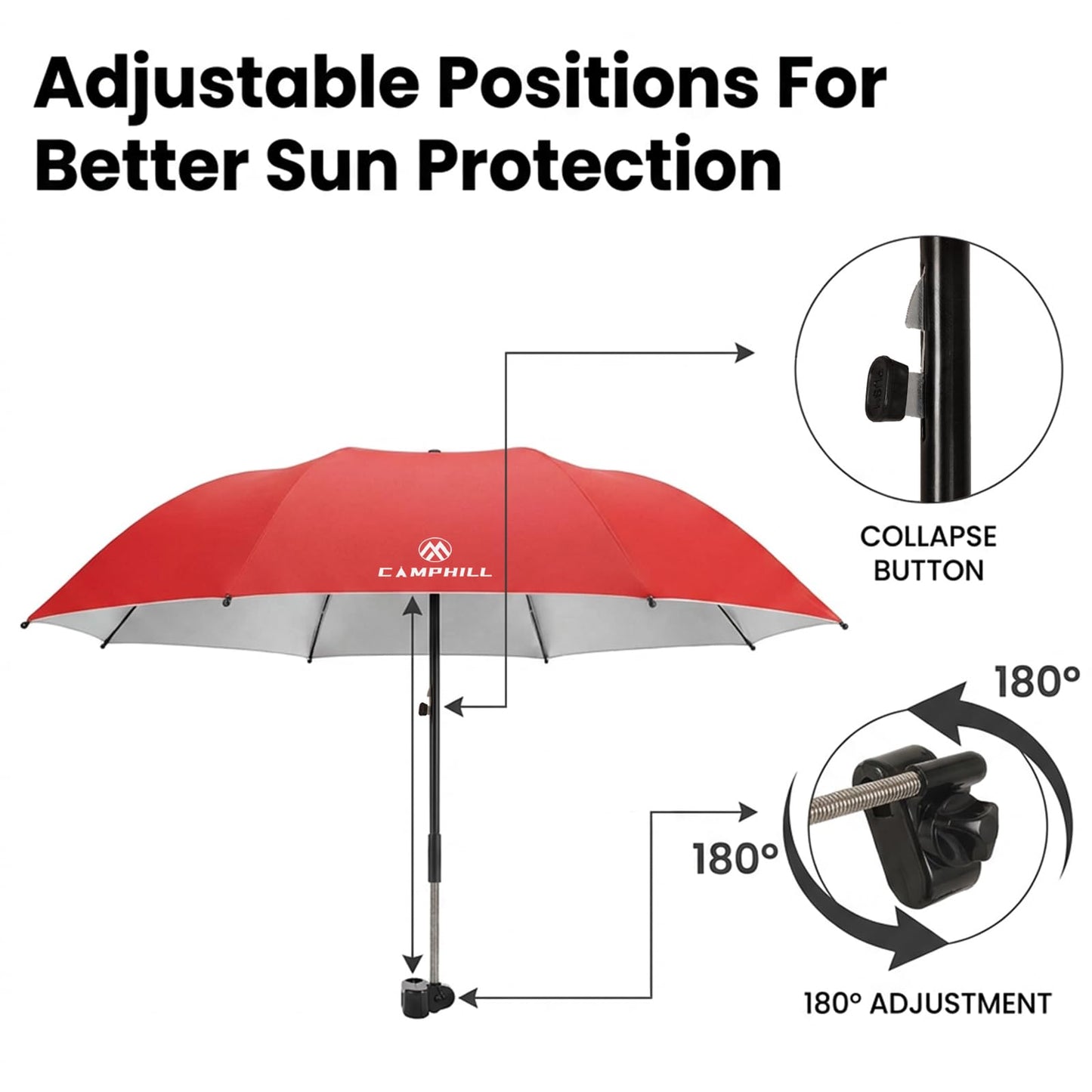 CAMPHILL 2 Pack Beach Umbrella with Clamp Sun Shade,Adjustable Umbrellas with Clip,UPF50+ Sunshade for Beach Chair,Stroller,Fishing,Camping,Patio,Wheelchair,Golf Carts,Red