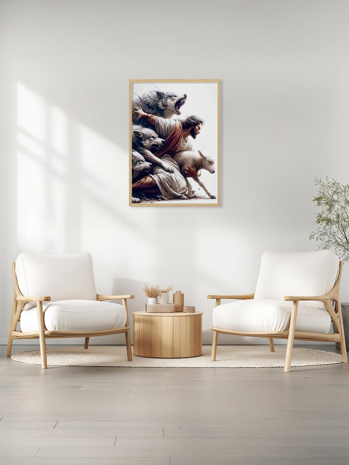 BIBLSPACE Jesus Wall Art Religious Wall Decor Christian Posters for Wall Pictures of Jesus Saves the Lost Lambs Canvas Wall Art for Living Room Bedroom Christian Wolf Art Framed 12x16 Inch