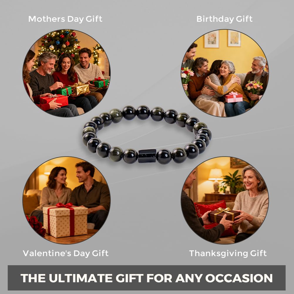 Buddha Stones Black Obsidian Bracelet with Black Tourmaline, Black Stone Bead Bracelet for Men & Women, Unisex Good Luck Bracele for Protection Positive Energy, Healing Crystal Bracelet for Anxiety Relief, Includes Gift Box & Card - 8MM