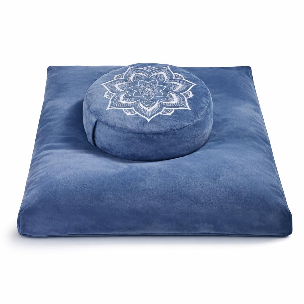 hunnidspace Meditation Cushion Set Zafu & Zabuton – Buckwheat Hull & Memory Foam, Adjustable Floor Pillow for Yoga, Meditation & Sitting, Removable Velvet Cover (Navy Blue)