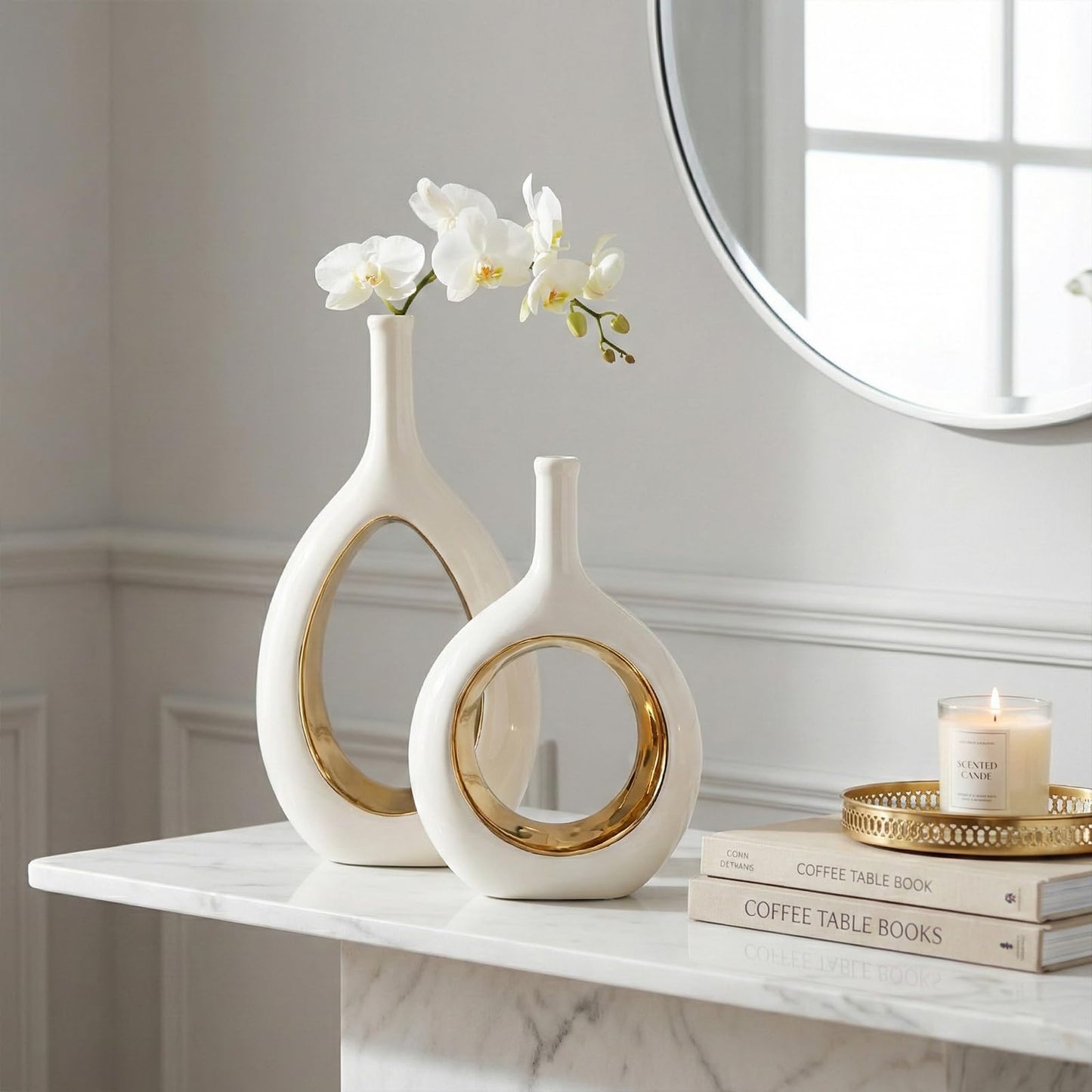 White and Gold Vase Ceramic White Vases Home Decor,Modern Minimalist Circle with Hole Decorative Vase, Hollow Ellipse Flower vases for Bookshelf, Fireplace Mantle, Centerpieces,Farmhouse,Rustic Décor
