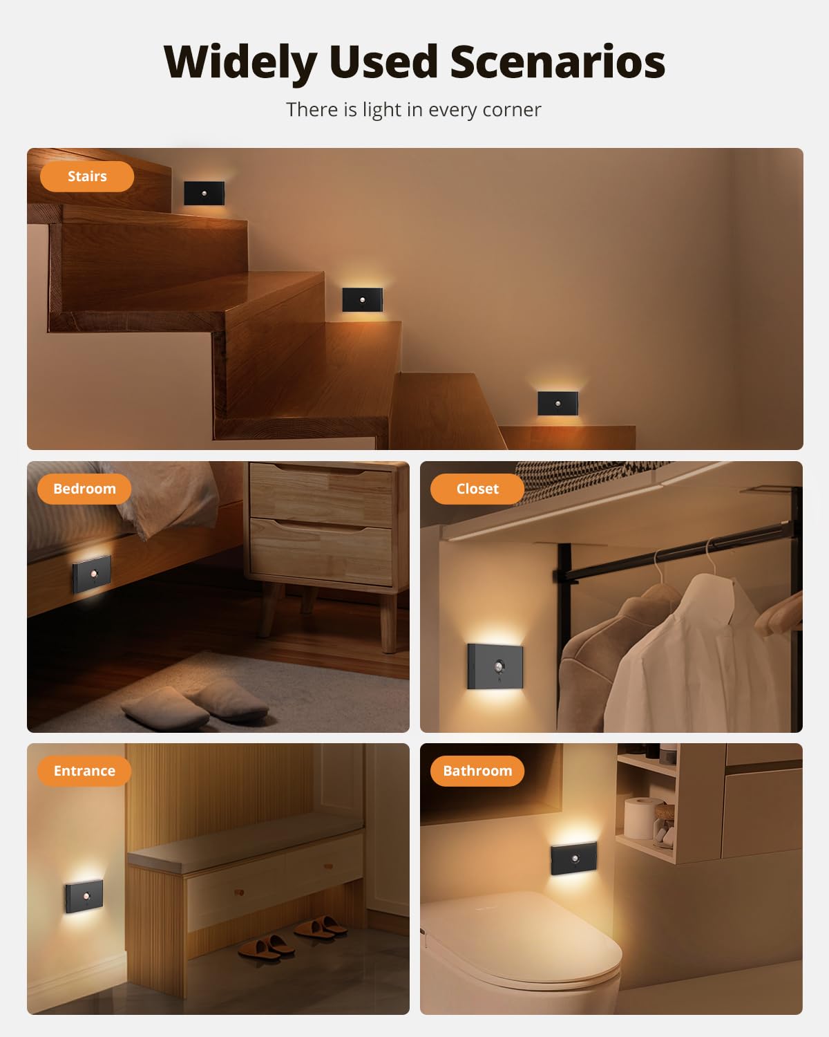 wowatt 3CCT Rechargeable Stair Lights Indoor, Black Stairway Lights Indoor with Magnetic Mount, Dimmable Stair Lights Motion Sensor for Stairway, Hallway, Kitchen, Bathroom(6 Packs)