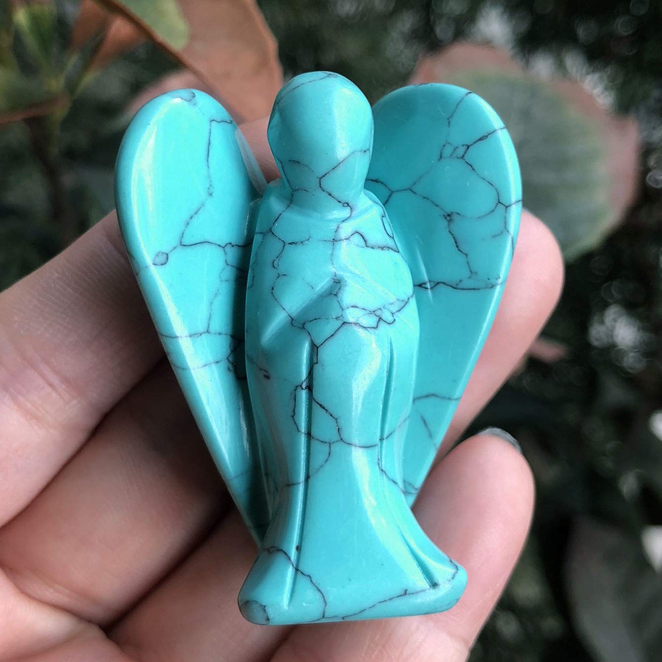 favoramulet 2 Inches Synthetic Green Howlite Turquoise Crystal Pray Guardian Angel Statue, Carved Healing Peace Angel with Wing Figurine Pocket Stone