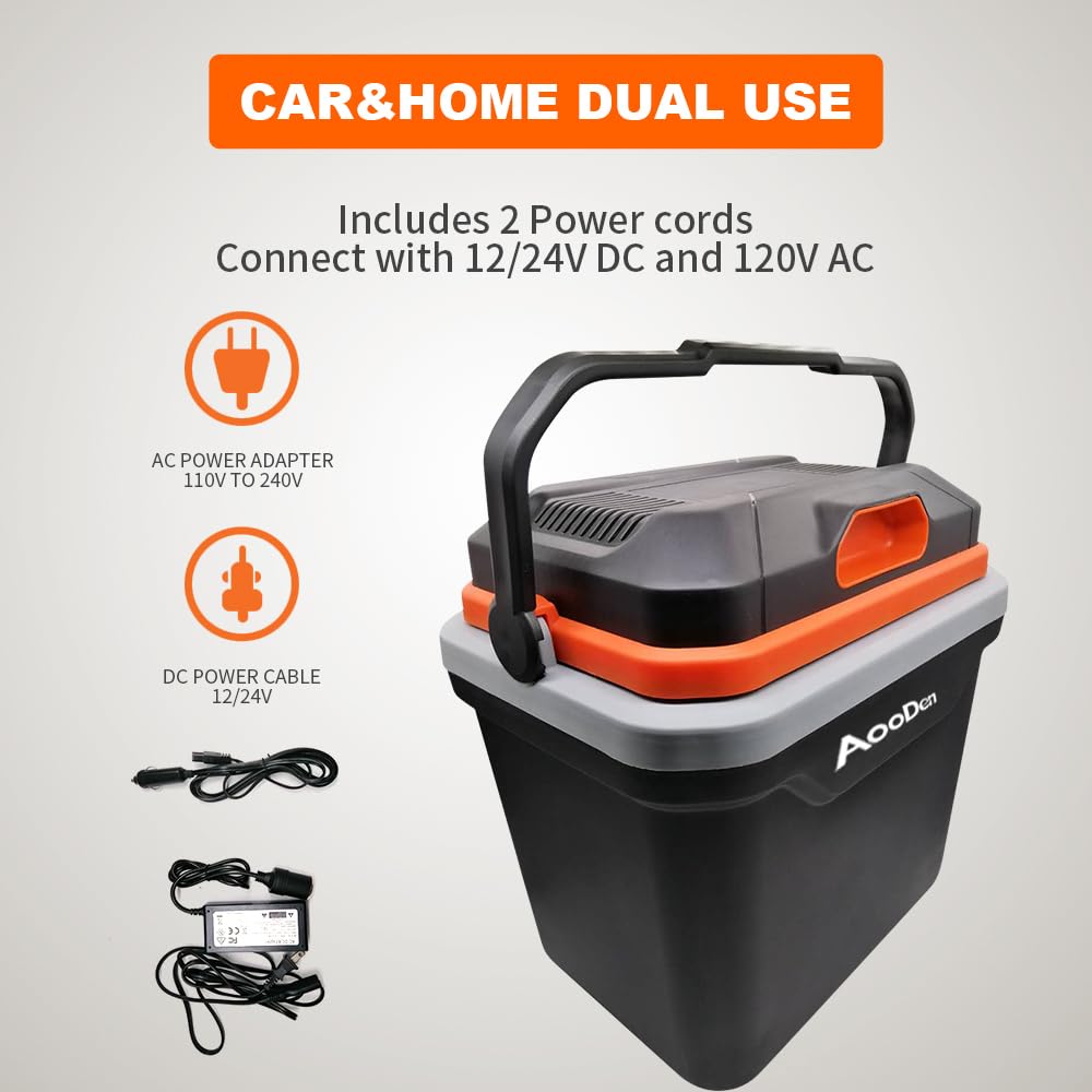 AooDen Electric Car Cooler and Warmer, 26 Quart Capacity, Thermoelectric Iceless Cooler for Travel, Camping, Vehicles, Truck, Home - 12V DC and 120V AC (Black & Orange)