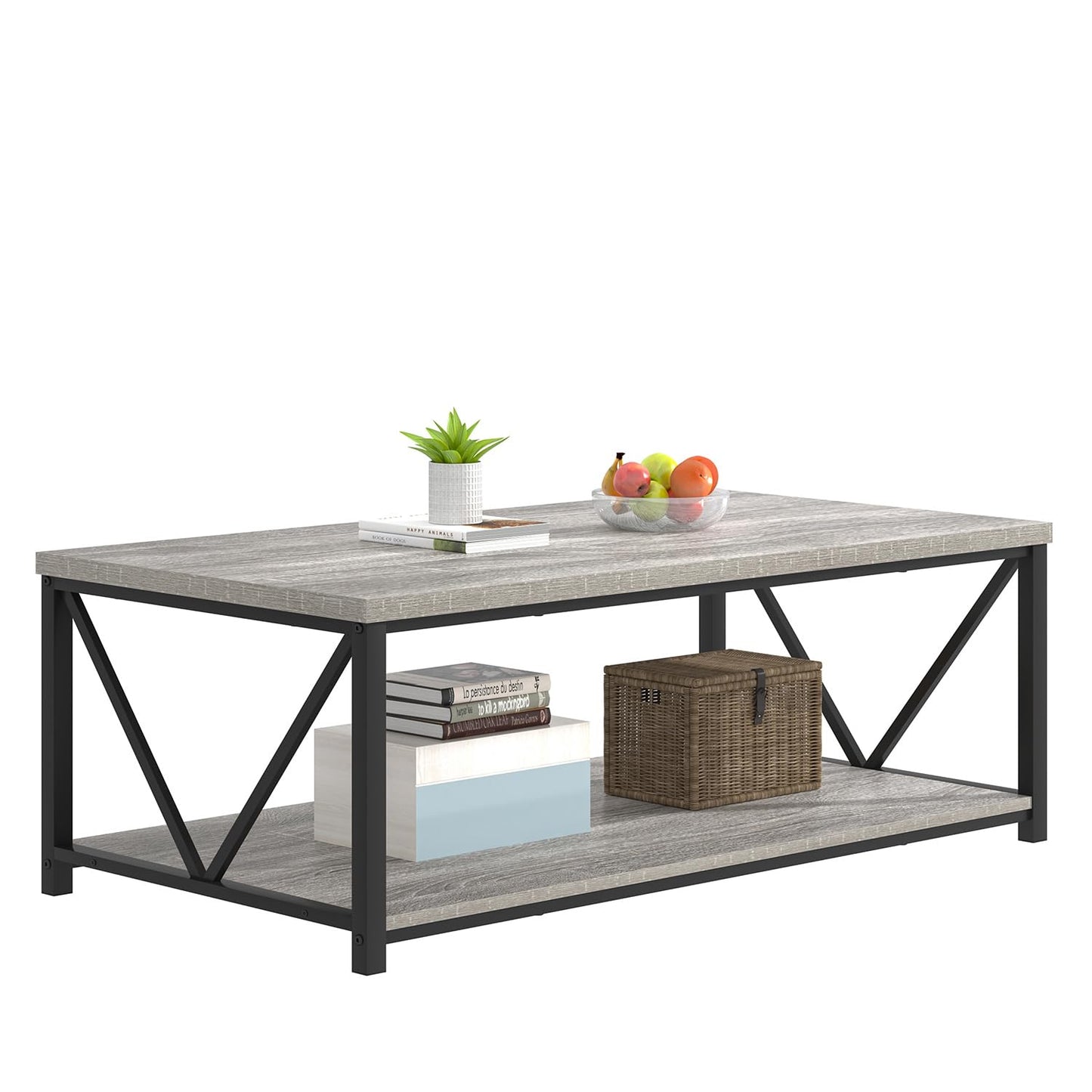 FOLUBAN Coffee Table, Modern Rectangle Living Room Table with Storage Shelf, Rustic Wood and Metal Center Table, Light Grey, 47 Inch