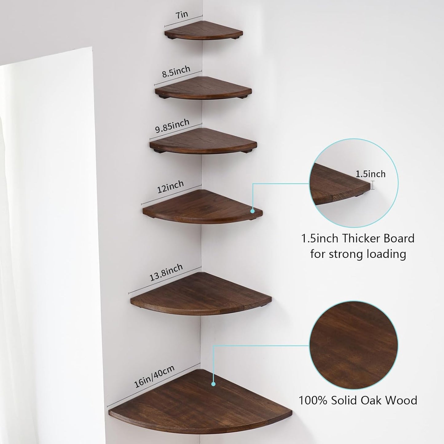 Conamily Corner Shelf,14inch Walnut Solid Wood Floating Corner Shelves Wall Mount Round End Floating Speaker Rack with Wire Hole for Small Plant for Bedroom Kitchen, Living Room