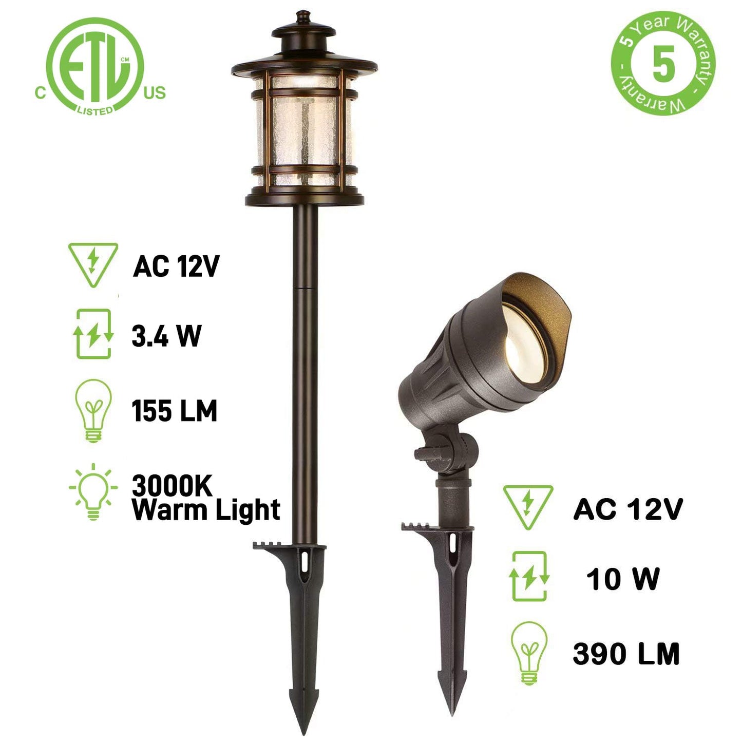 hykolity 8 Pack Low Voltage LED Landscape Kits, 12V-15V Pathway Flood Light Kits, 10W 390LM and 3.4W 155LM Wired for Outdoor Yard Lawn, Die-cast Aluminum, 50W and 30W Equivalent