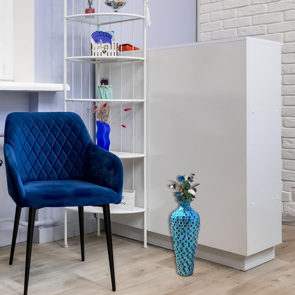 DecorShore Mosaic 20 Inch Decorative Tall Floor Vase, for Home Decor Geometric Pattern Metal Vase with Glass Mosaic- Blue and Turquoise Tessellation Pattern