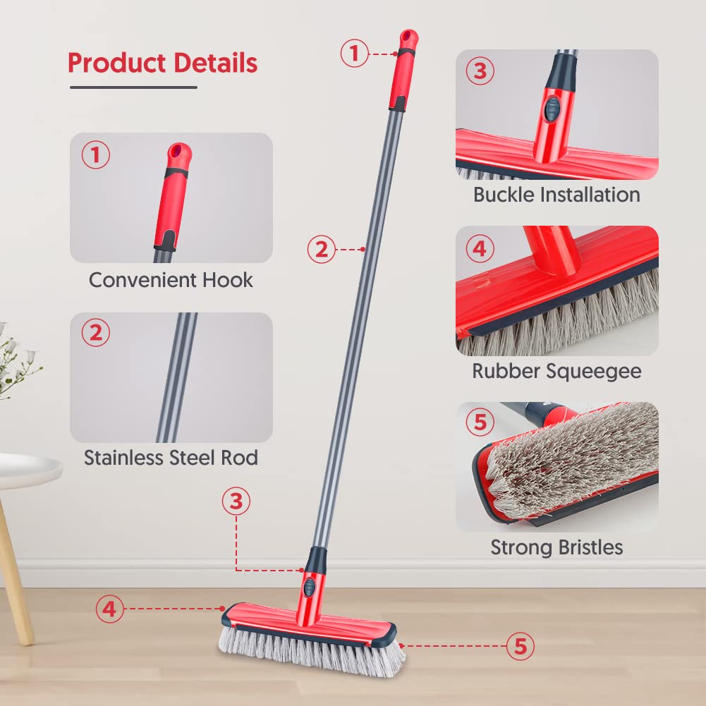 Floor Scrubber with Long Handle, 2 in 1 Scrubbing Brush Stiff Bristle Shower Cleaning Brush for Bathroom, Kitchen, Tub, Carpet, Grout, Tile(Red)