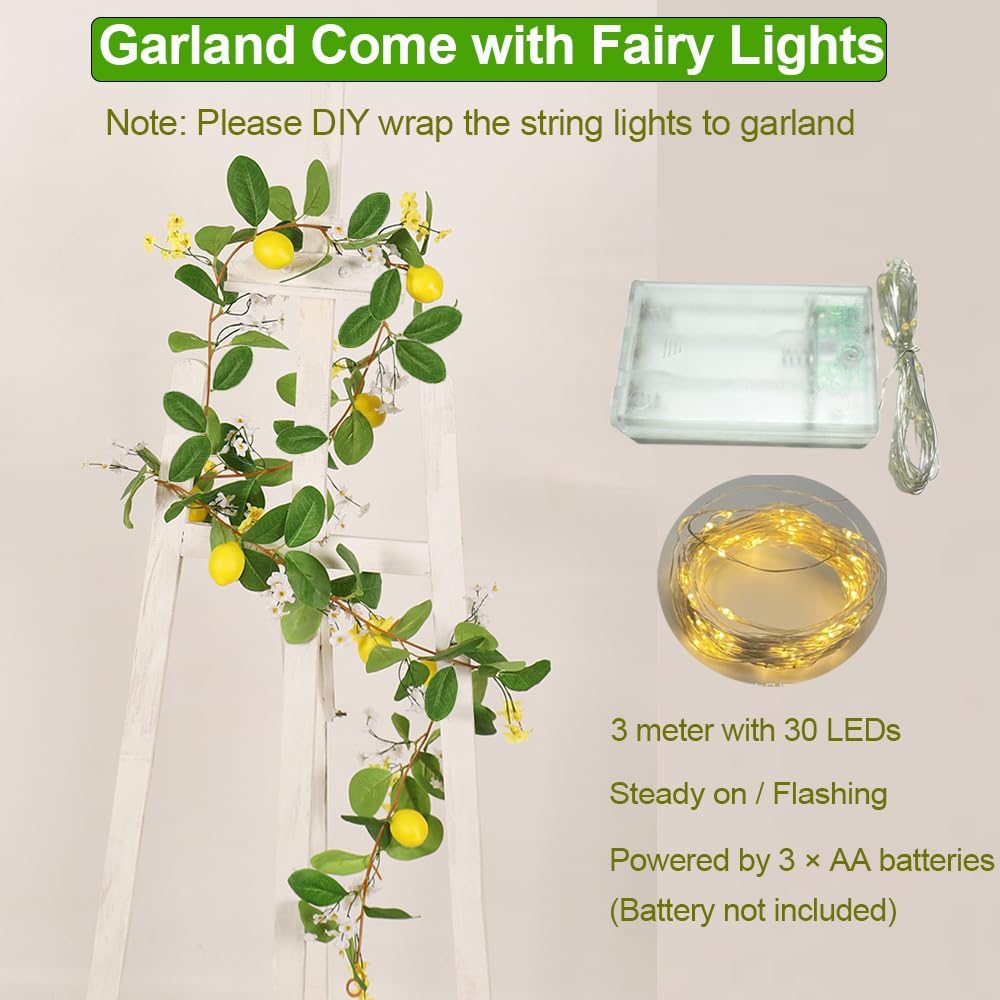 Hamifinee 2Pcs Artificial Lemon Garland Spring Summer Greenery Vine Garlands with Lemons Dense Flowers Fairy Light Battery Powered for Door Wall Mantle Wedding Party Table Christmas Decorations