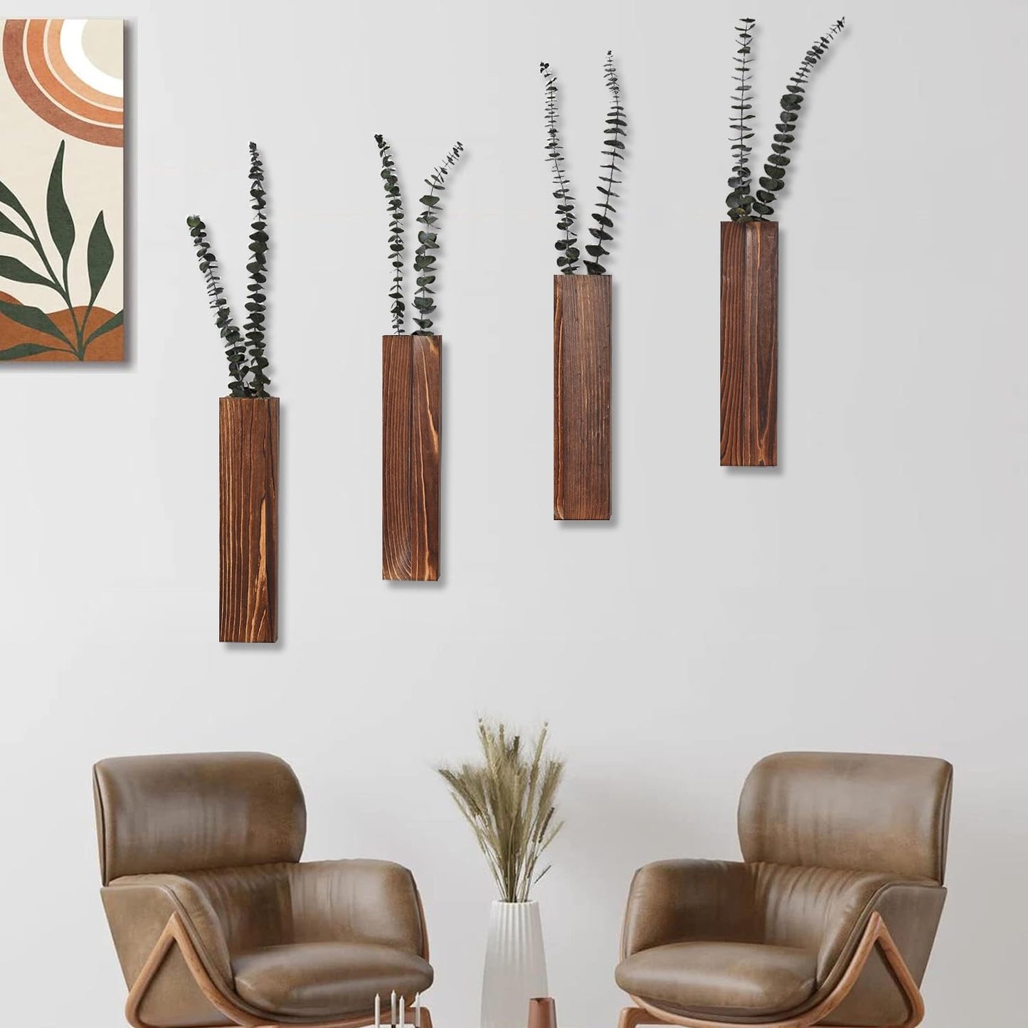 Sawoake Wooden Wall Planter Set of 4 - Modern Home Decor for Living Room, Bedroom, Bathroom - Walnut Finish Planter for Dried Flowers, Faux Greenery, Indoor Plants
