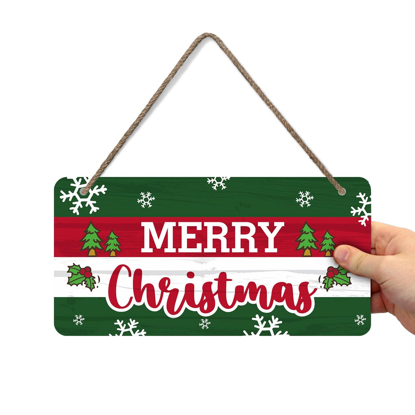 SmartSign 'Merry Christmas' Wooden Hanging Sign with Rope - 6"x12" Holiday Decor For Home/Cafe/Bar/Gifting, Snowflakes/Christmas Tree Prints on Rustic Background, USA-Made