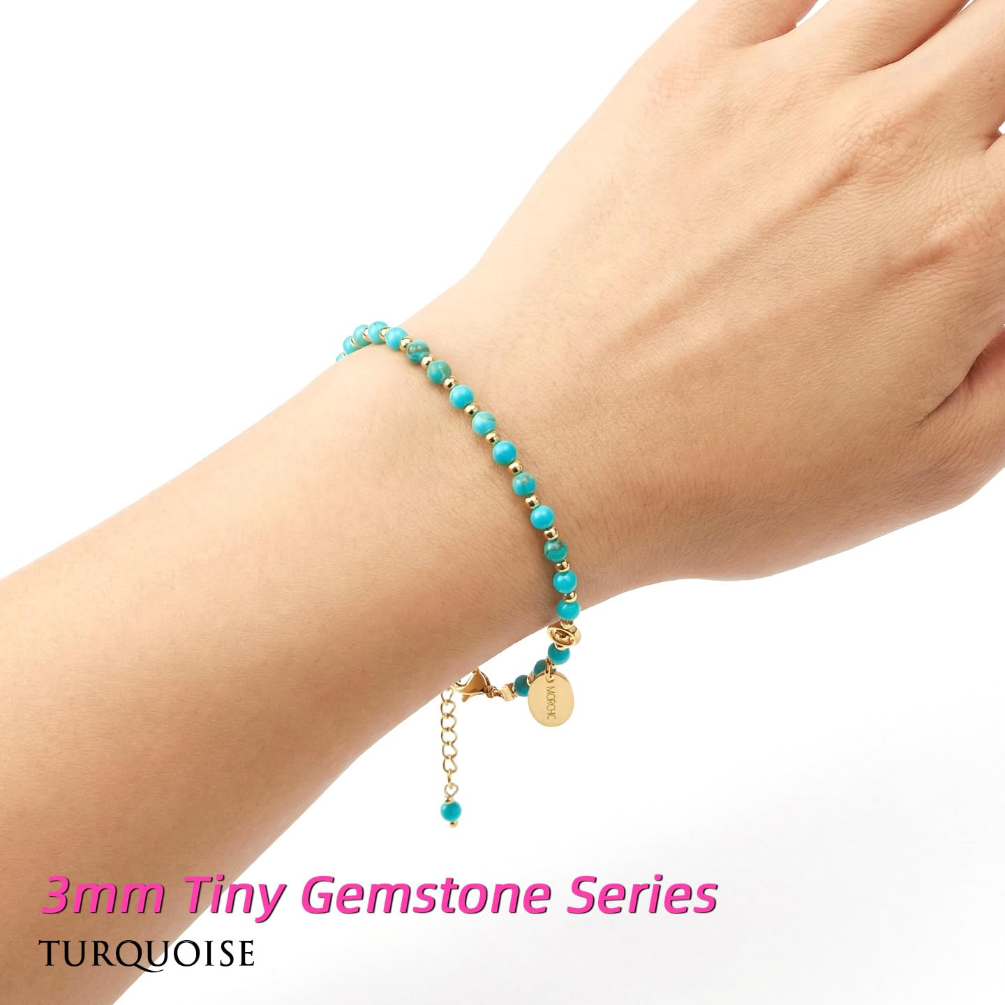 Morchic 3mm Blue Turquoise Natural Gemstone Beaded Bracelet for Women, Dainty Tiny Charm Jewelry, Adjustable 7.1-8.6", Ideal Birthday Holiday Gift