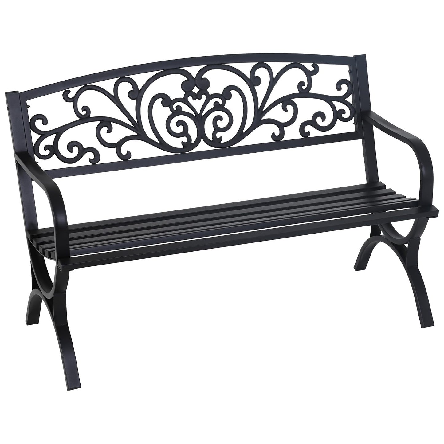 FDW Outdoor 50 Inches Garden Bench, Slatted Seat Armrests Floral Design Backres and Arch Legs, Perfect for Park, Yard, Porch, Lawn, Balcony, Backyard, Black