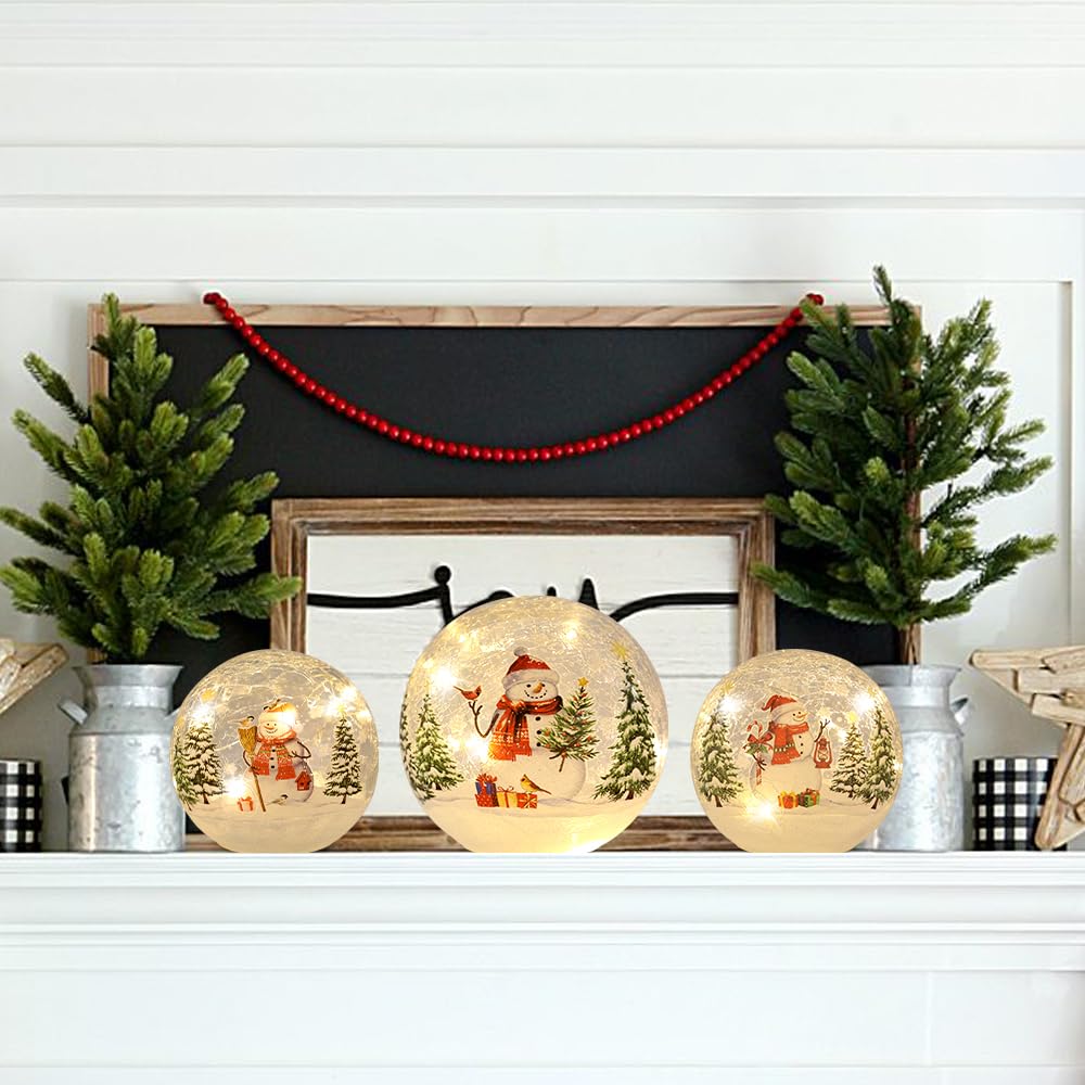 YEAHOME Christmas Decorations Indoor,Set of 3 Snowman Crackle Glass Ball with LED Lights Home Decor, Christmas Table Decorations Lighted Globes with Timer for Mantel Fireplace Tabletop