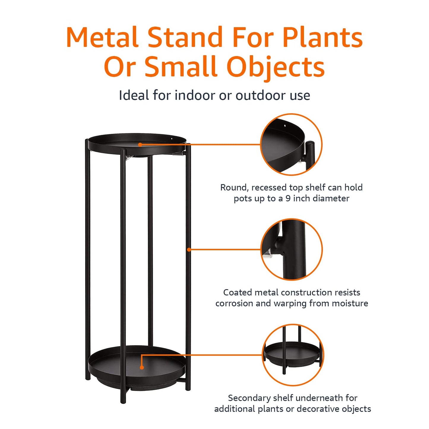 Amazon Basics Two-Tier Indoor Outdoor Metal Round Plant Stand for Multiple Plants, Rustproof Flower Holder with Plant Shelf, Black