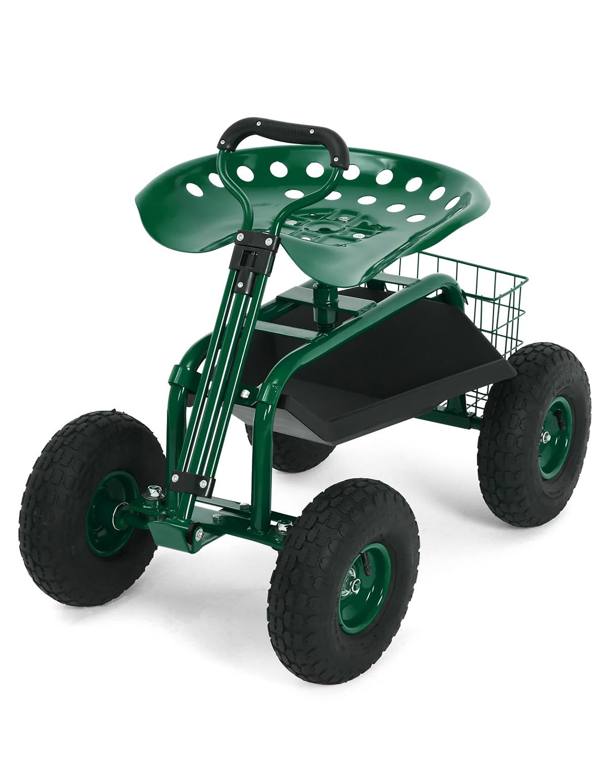 Heavy Duty Garden Cart, Garden Scooter Rolling Work Seat, 360° Swivel with 10-Inch All-Terrain Inflatable Tires, Extendable Steering Handle & Metal Tool Tray for Planting, Weeding, Yard Work