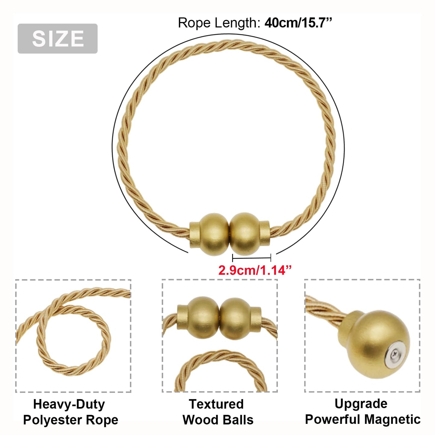 HIASTRA 2 Pack Magnetic Curtain Tiebacks Modern Handmade Rope Curtain Tie Backs Decorative Drapes Weave Holdbacks for Home Outdoor Bedroom Office Decorative Curtain, Gold