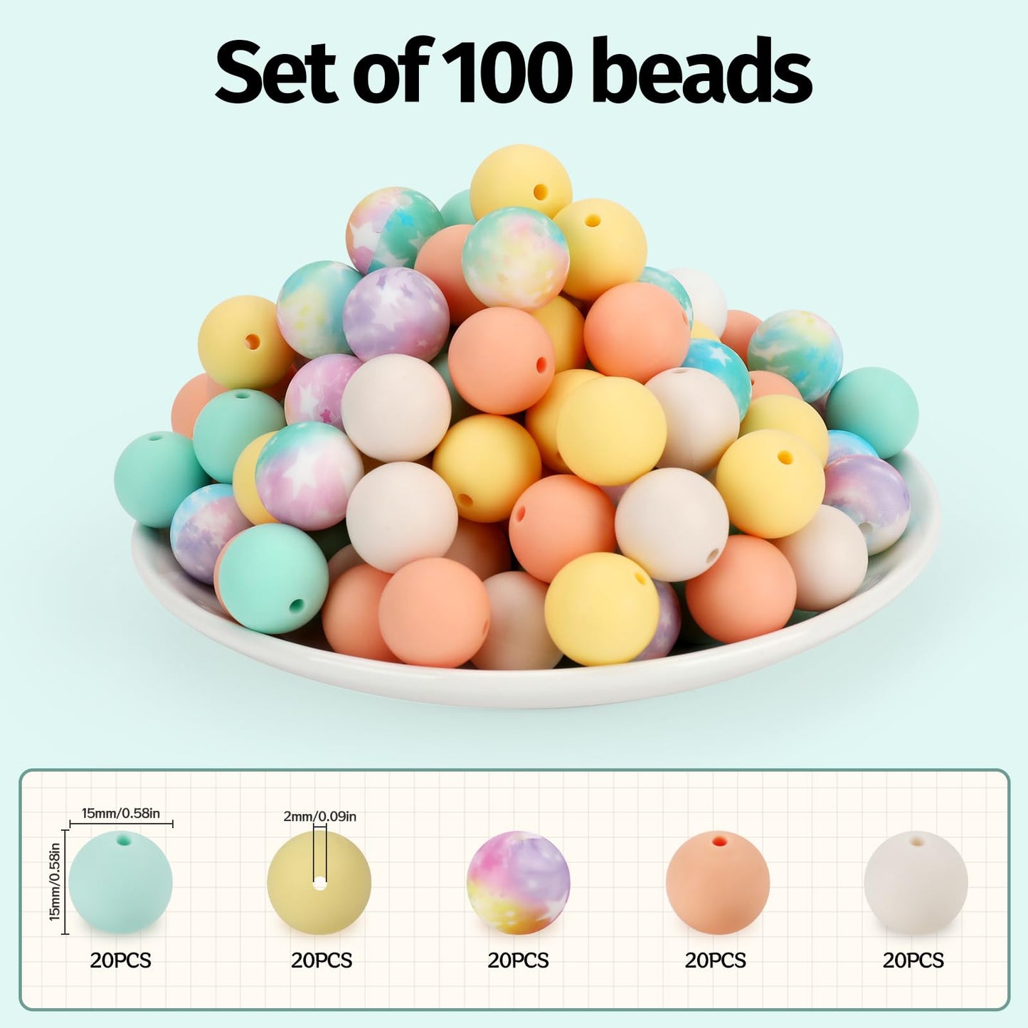 SALUOKE 100 Pcs 15mm Silicone Beads for Keychain Making, Pink Gream Silicone Beads Bulk Round for Bracelets Pens Crafts Jewelry Making (Orange Yellow)