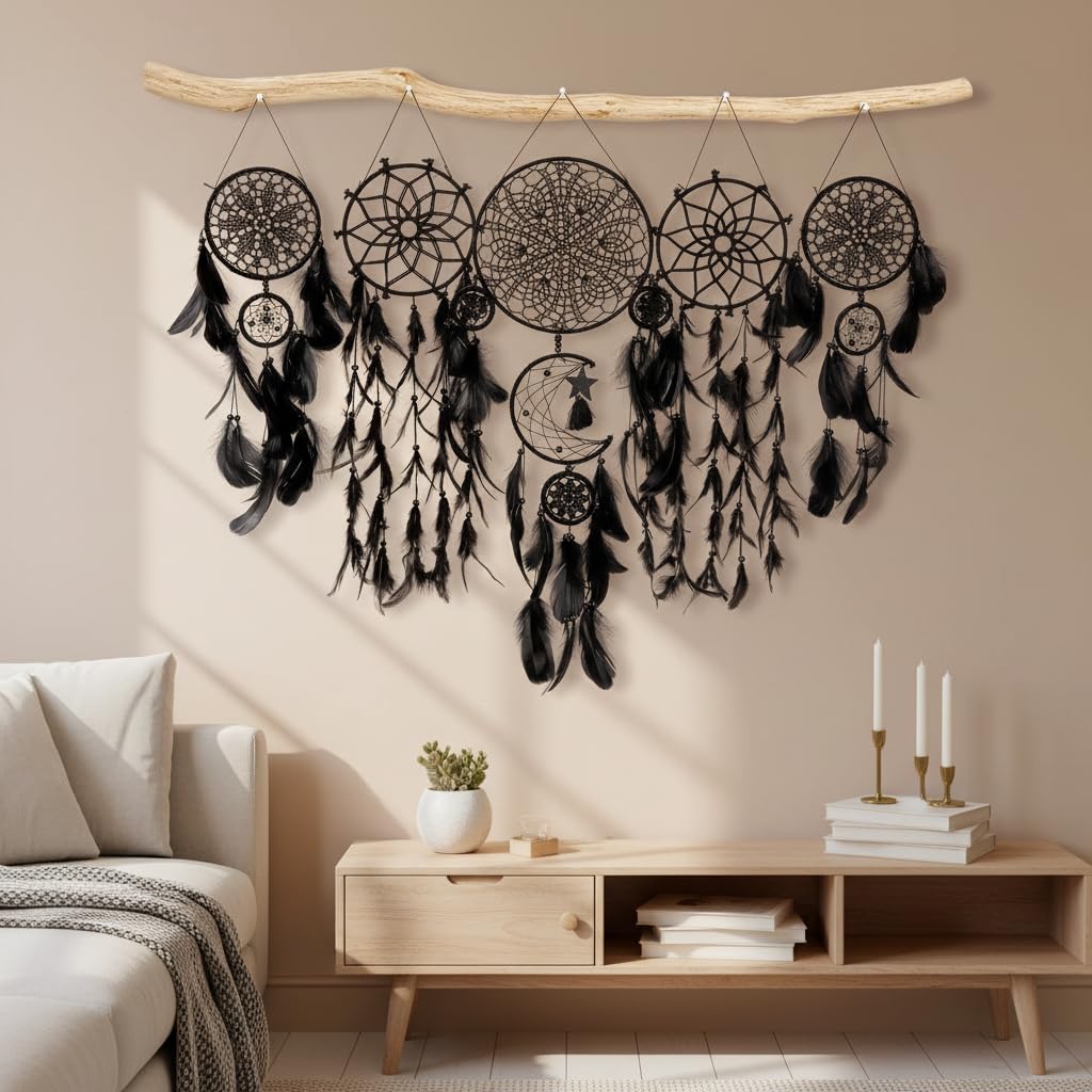 5 Pack Black Dream Catchers Boho Wall Decor Macrame Wall Hanging Large Moon Phase Handmade Traditional Dream Catcher for Bedroom Adult Living Room Home Halloween Decorations,Witchy Gifts(Black Set)